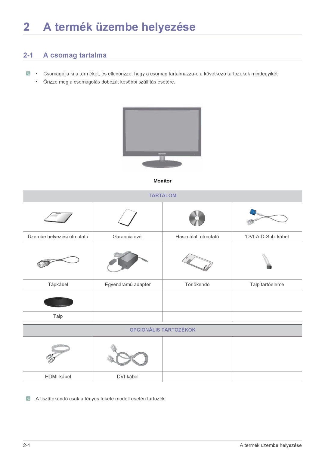 Samsung LS24EFHKU/EN, LS23EFVKUV/EN manual Termék üzembe helyezése, Csomag tartalma, Tartalom, Opcionális Tartozékok 