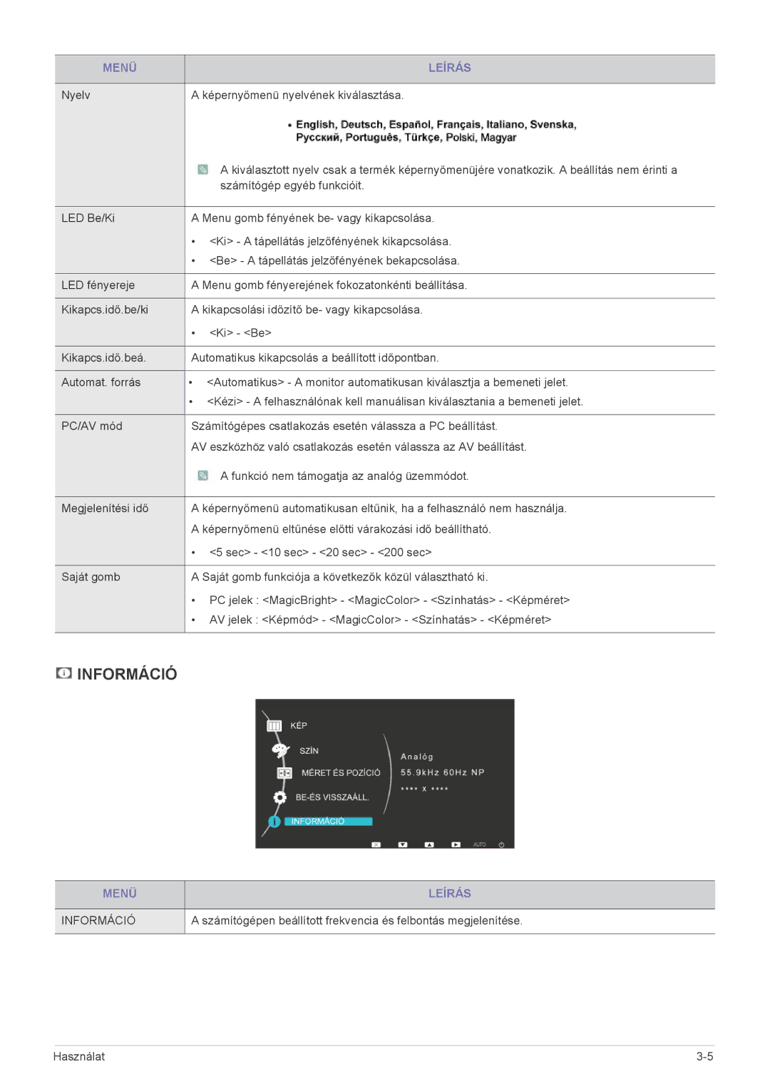 Samsung LS23EFVKUV/ZA, LS24EFHKU/EN, LS23EFVKUV/EN manual Információ, Nyelv Képernyőmenü nyelvének kiválasztása 