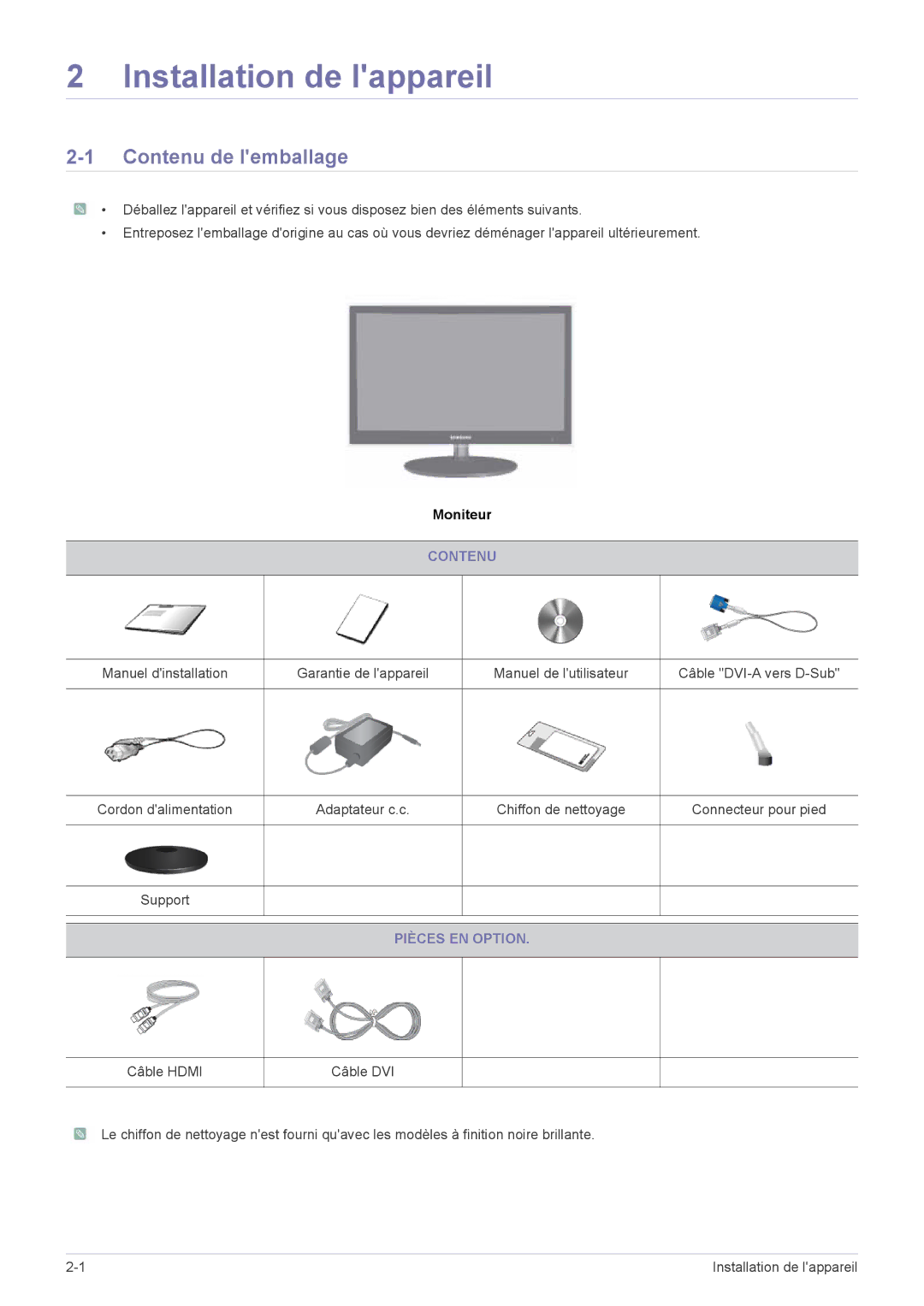 Samsung LS24EFHKU/EN, LS23EFVKUV/EN Installation de lappareil, Contenu de lemballage, Adaptateur c.c, Pièces EN Option 