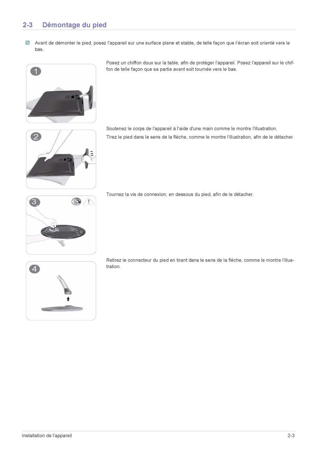 Samsung LS23EFVKUV/EN, LS24EFHKU/EN manual Démontage du pied 