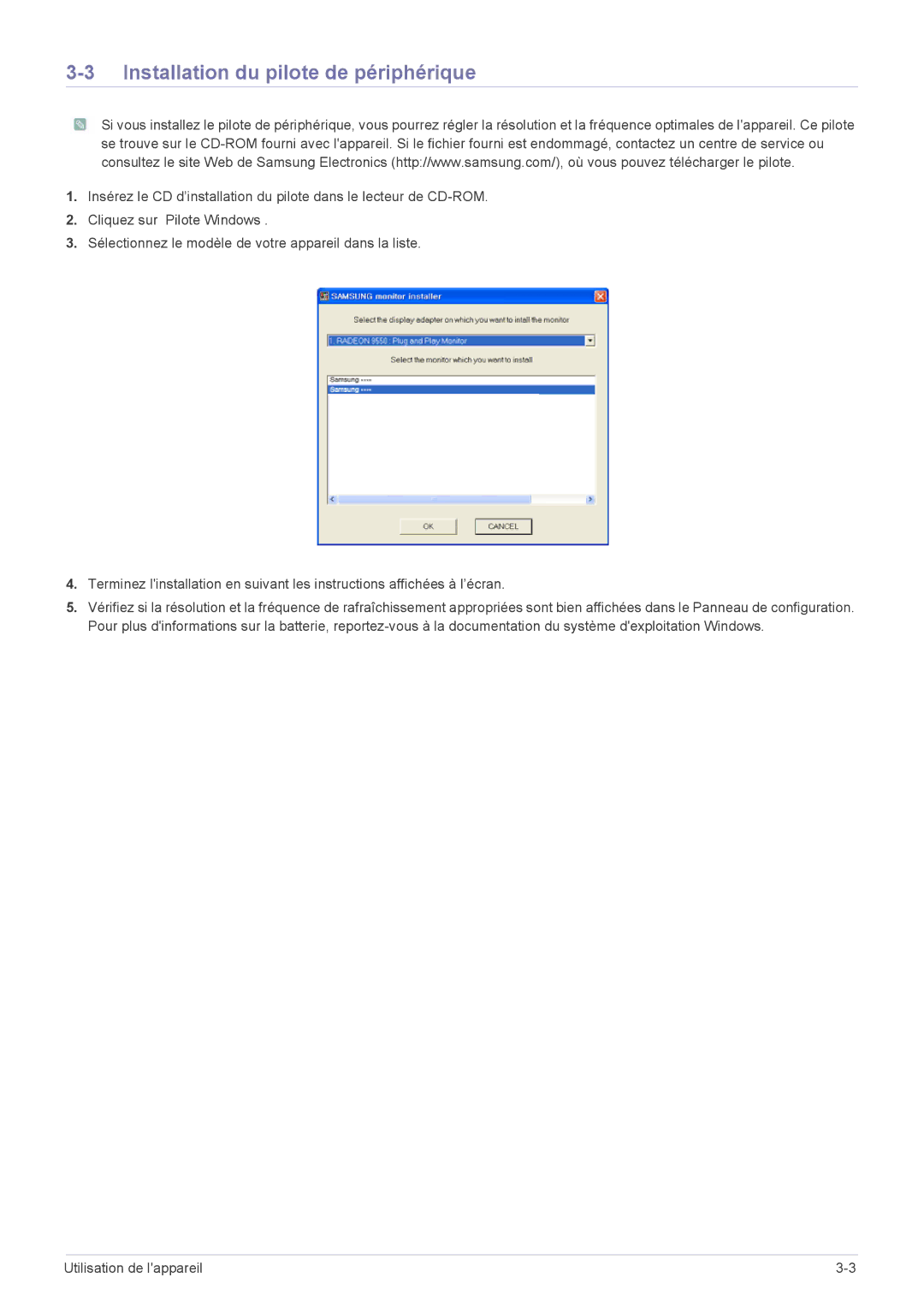 Samsung LS23EFVKUV/EN, LS24EFHKU/EN manual Installation du pilote de périphérique 