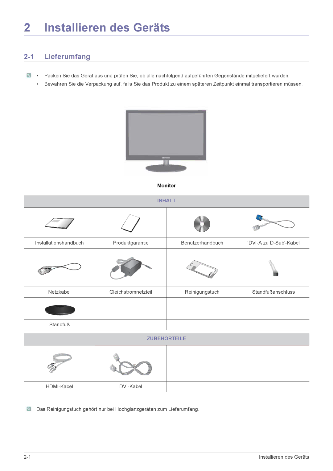 Samsung LS24EFHKU/EN, LS23EFVKUV/EN manual Installieren des Geräts, Lieferumfang, Inhalt, Zubehörteile 