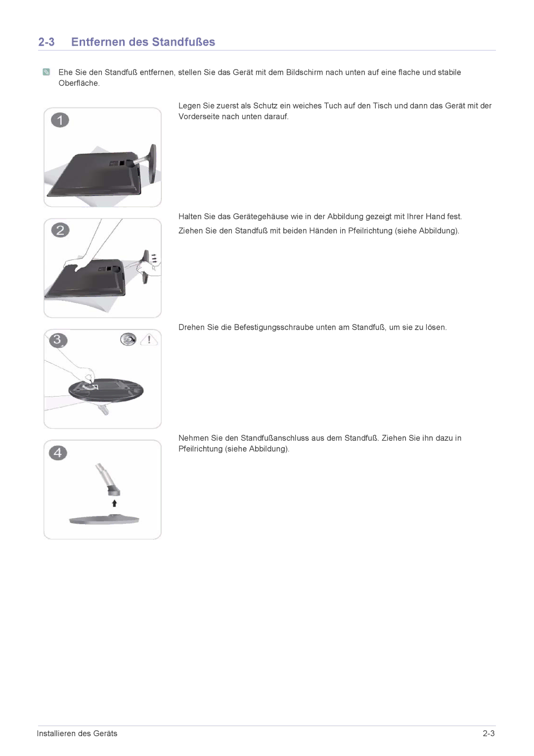 Samsung LS23EFVKUV/EN, LS24EFHKU/EN manual Entfernen des Standfußes 