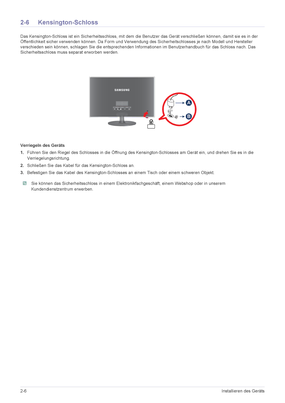 Samsung LS24EFHKU/EN, LS23EFVKUV/EN manual Kensington-Schloss, Verriegeln des Geräts 