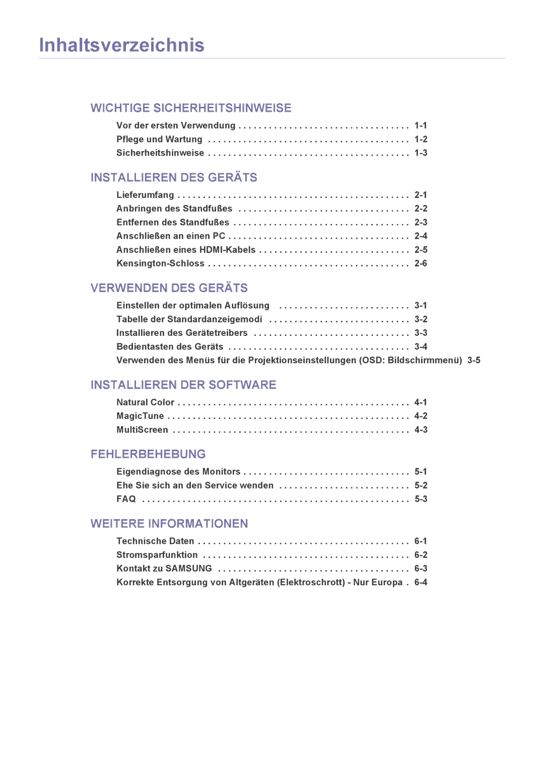 Samsung LS24EFHKU/EN, LS23EFVKUV/EN manual Inhaltsverzeichnis, Installieren DES Geräts 