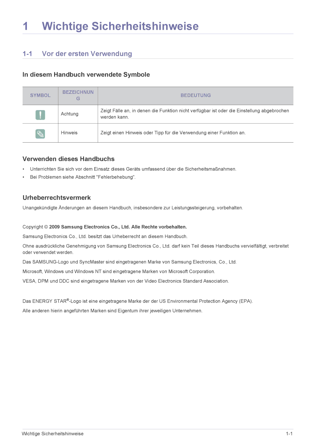 Samsung LS23EFVKUV/EN manual Wichtige Sicherheitshinweise, Vor der ersten Verwendung, Diesem Handbuch verwendete Symbole 