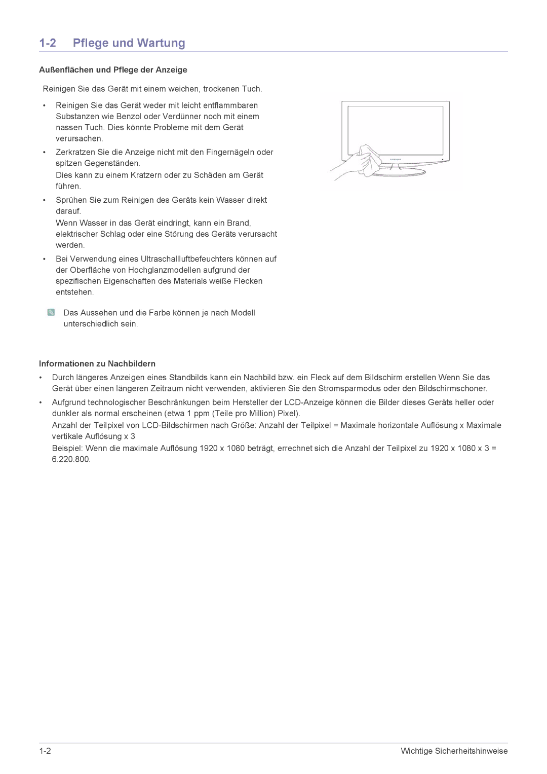 Samsung LS24EFHKU/EN, LS23EFVKUV/EN Pflege und Wartung, Außenflächen und Pflege der Anzeige, Informationen zu Nachbildern 