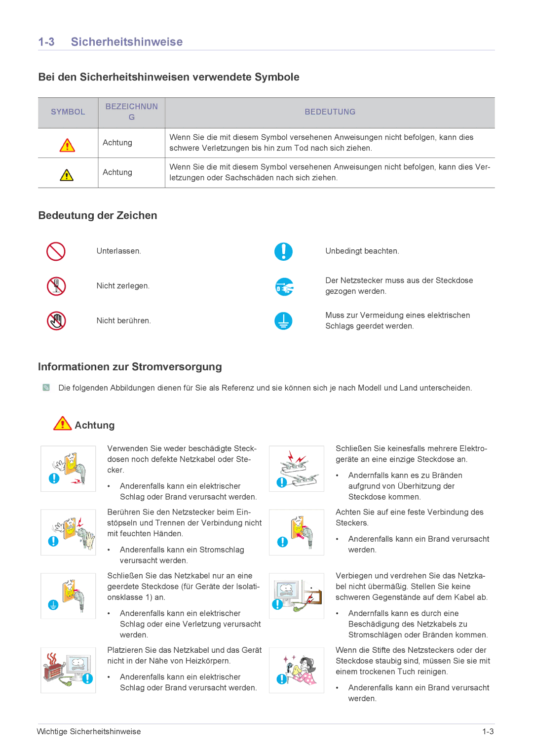 Samsung LS23EFVKUV/EN, LS24EFHKU/EN manual Bei den Sicherheitshinweisen verwendete Symbole, Bedeutung der Zeichen 