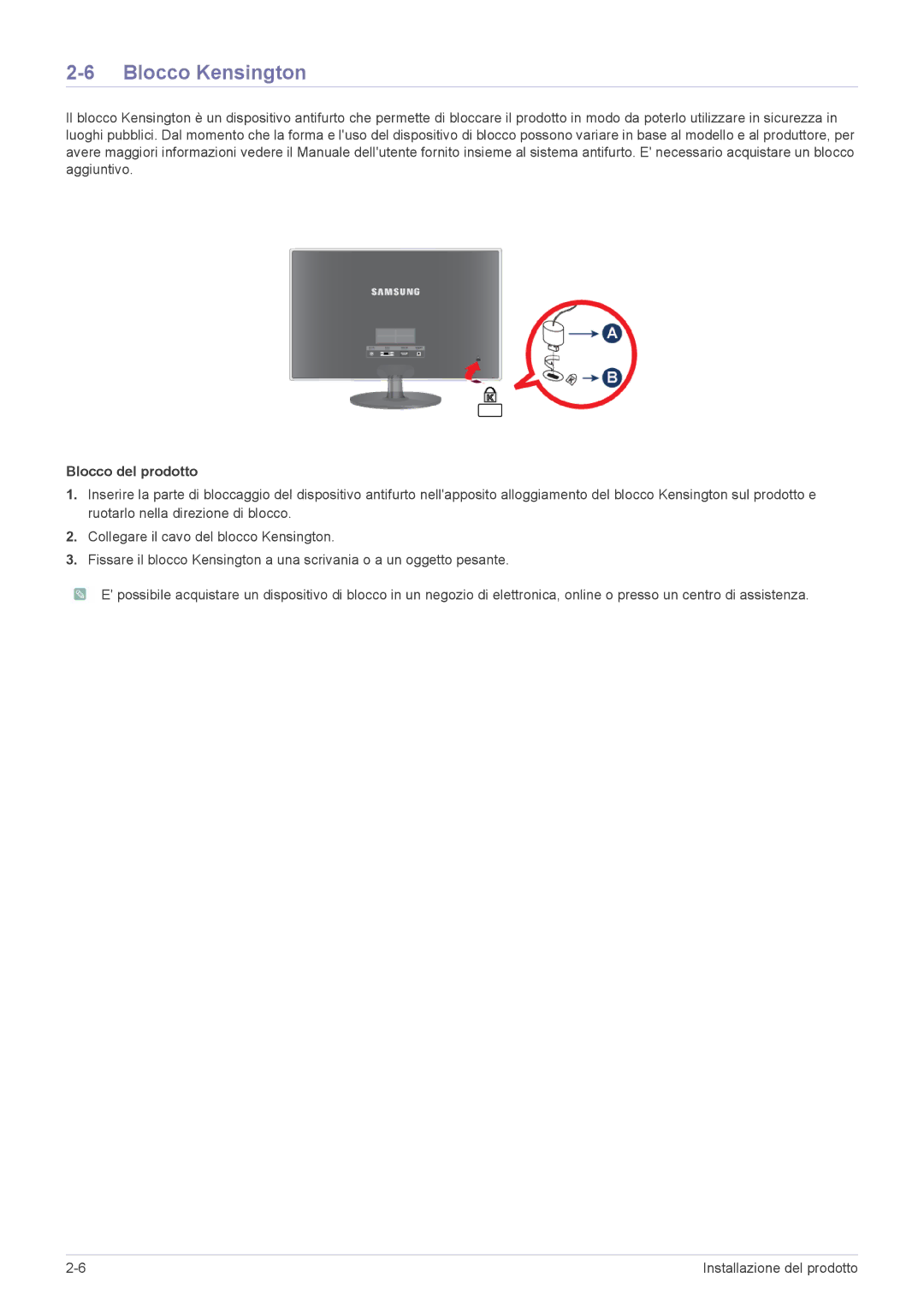 Samsung LS24EFHKU/EN, LS23EFVKUV/EN manual Blocco Kensington, Blocco del prodotto 