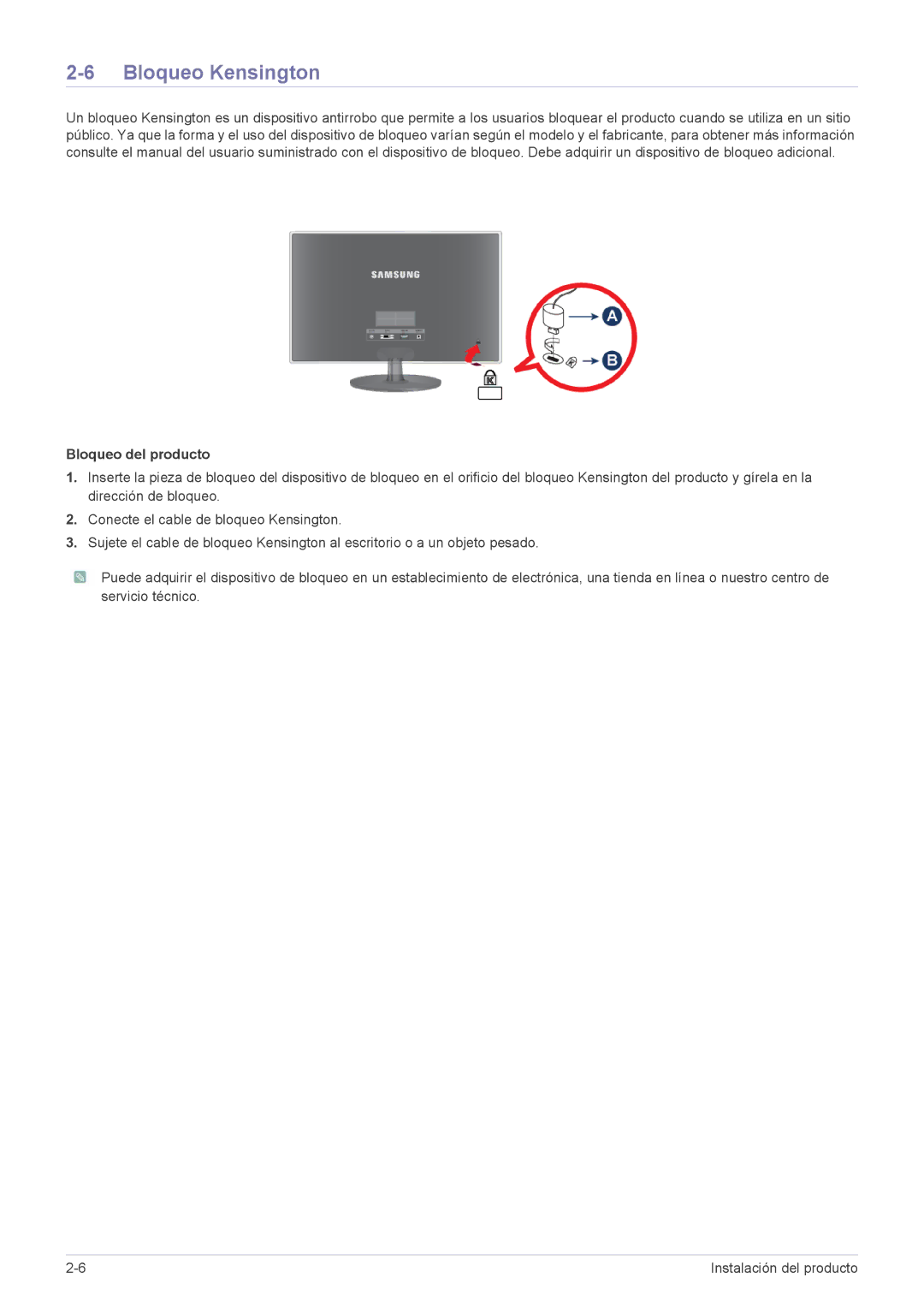 Samsung LS24EFHKU/EN, LS23EFVKUV/EN manual Bloqueo Kensington, Bloqueo del producto 