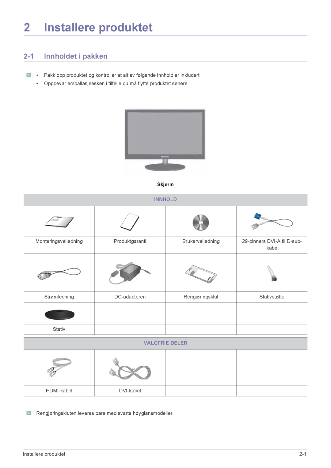 Samsung LS23EFVKUV/EN, LS24EFHKU/EN manual Installere produktet, Innholdet i pakken, Valgfrie Deler 