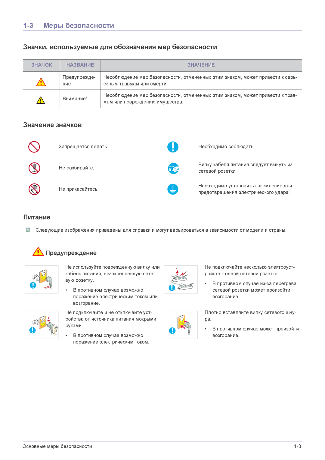 Samsung LS23EFVKUV/EN Меры безопасности, Значки, используемые для обозначения мер безопасности, Значение значков, Питание 