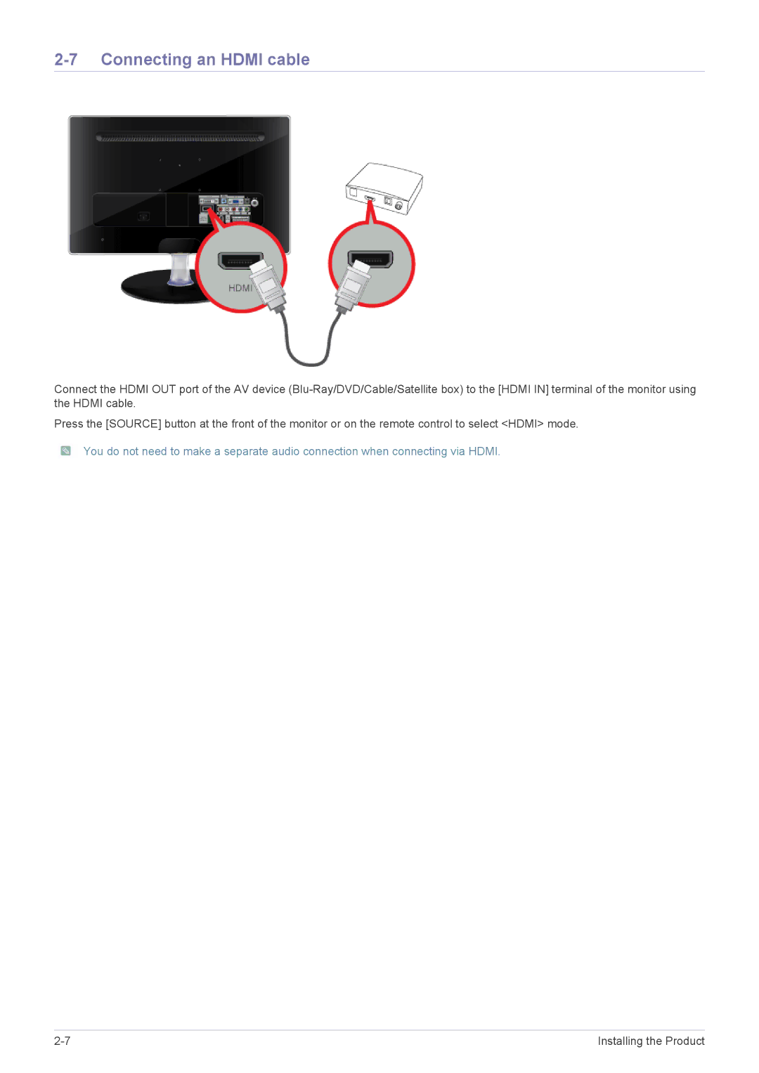 Samsung LS27EMDKU/SM, LS24EMDKU/EN, LS27EMDKU/EN, LS27EMDKU/HS, LS27EMDKU/XE, LS24EMDKU/XE manual Connecting an Hdmi cable 