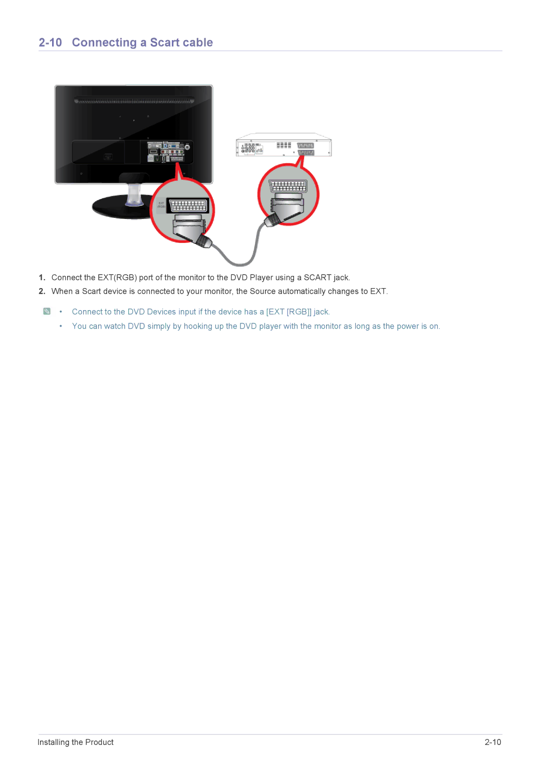 Samsung LS24EMDKU/XE, LS24EMDKU/EN, LS27EMDKU/EN, LS27EMDKU/SM, LS27EMDKU/HS, LS27EMDKU/XE manual Connecting a Scart cable 