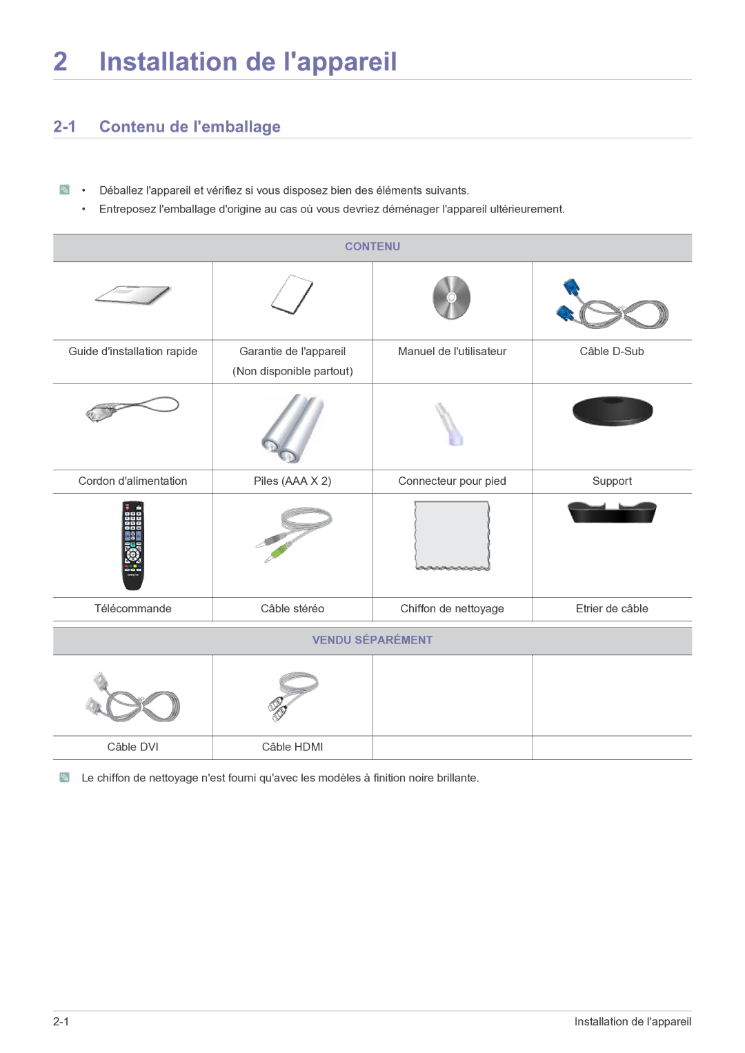 Samsung LS24EMDKU/EN, LS27EMDKU/EN manual Contenu de lemballage, Piles AAA X, Vendu Séparément, Câble DVI 