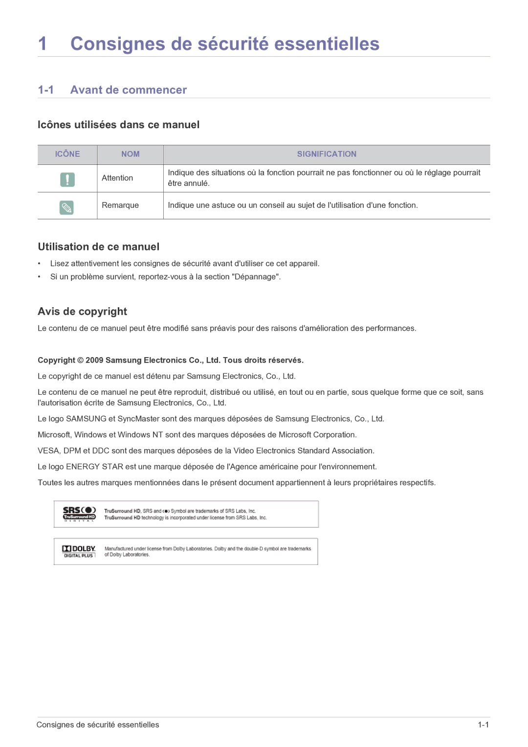 Samsung LS27EMDKU/EN Avant de commencer, Icônes utilisées dans ce manuel, Utilisation de ce manuel, Avis de copyright 