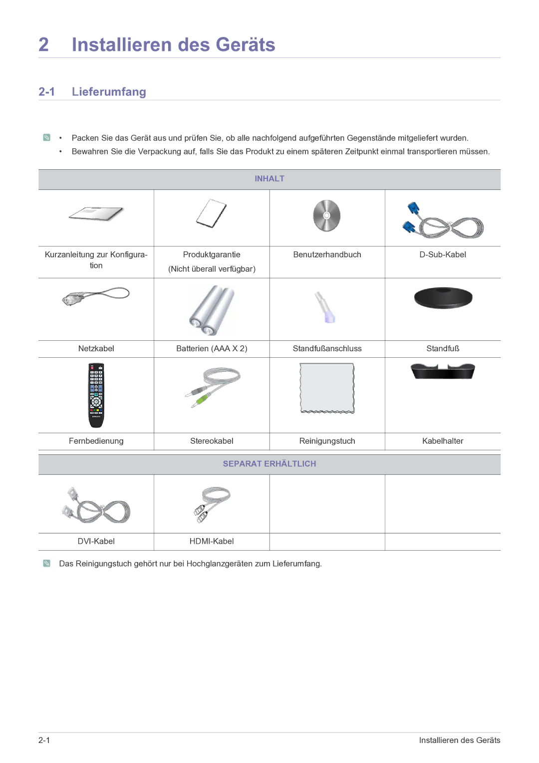 Samsung LS24EMDKU/EN, LS27EMDKU/EN manual Lieferumfang, Inhalt, Batterien AAA X, Separat Erhältlich, DVI-Kabel 