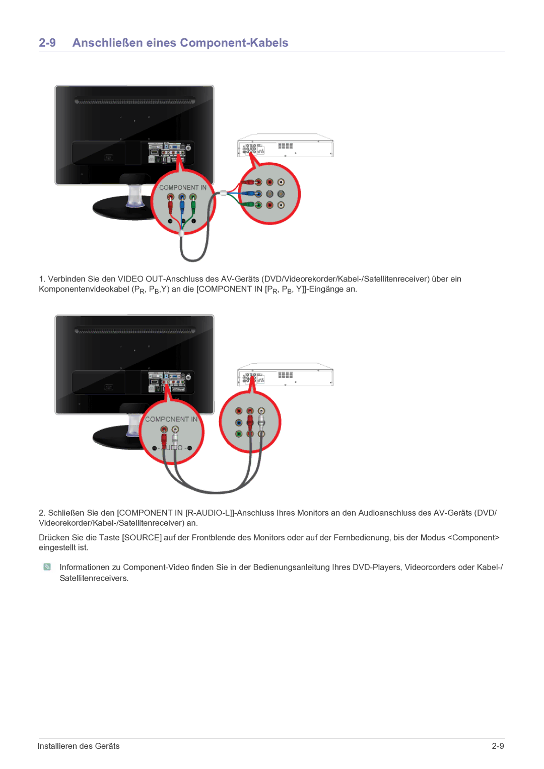 Samsung LS27EMDKU/EN, LS24EMDKU/EN manual Anschließen eines Component-Kabels 