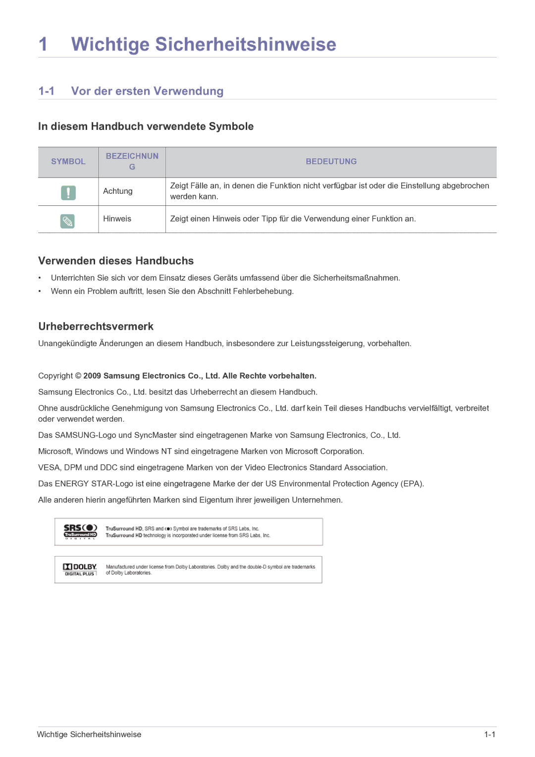 Samsung LS27EMDKU/EN manual Vor der ersten Verwendung, Diesem Handbuch verwendete Symbole, Verwenden dieses Handbuchs 