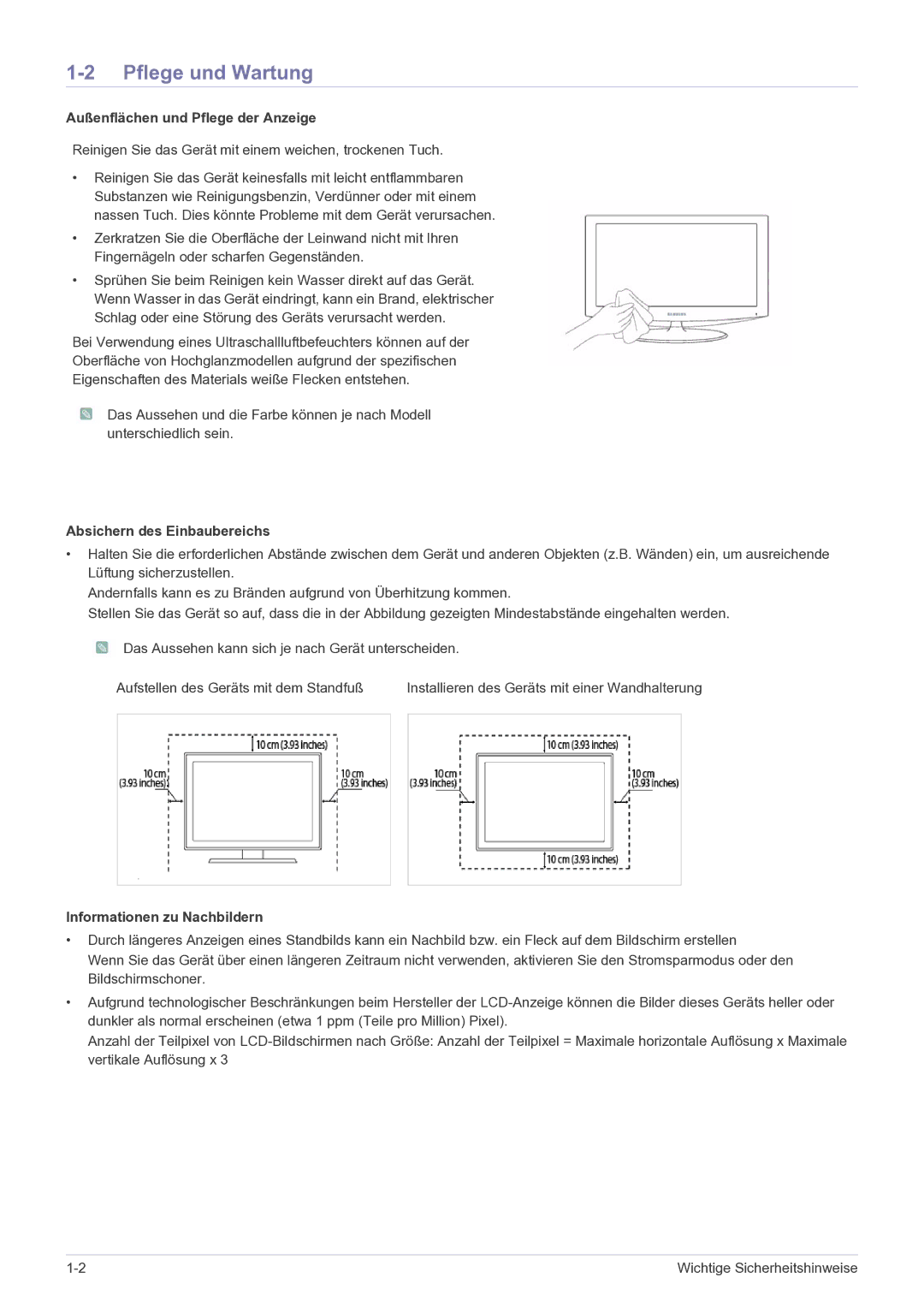 Samsung LS24EMDKU/EN, LS27EMDKU/EN Pflege und Wartung, Außenflächen und Pflege der Anzeige, Absichern des Einbaubereichs 