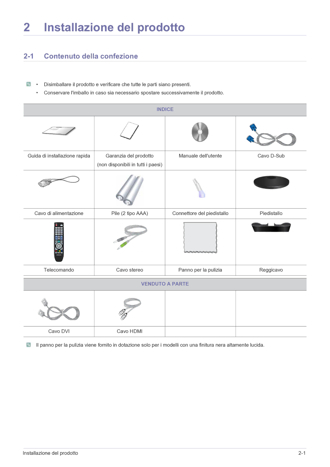 Samsung LS27EMDKU/EN, LS24EMDKU/EN manual Contenuto della confezione, Indice, Pile 2 tipo AAA, Venduto a Parte 