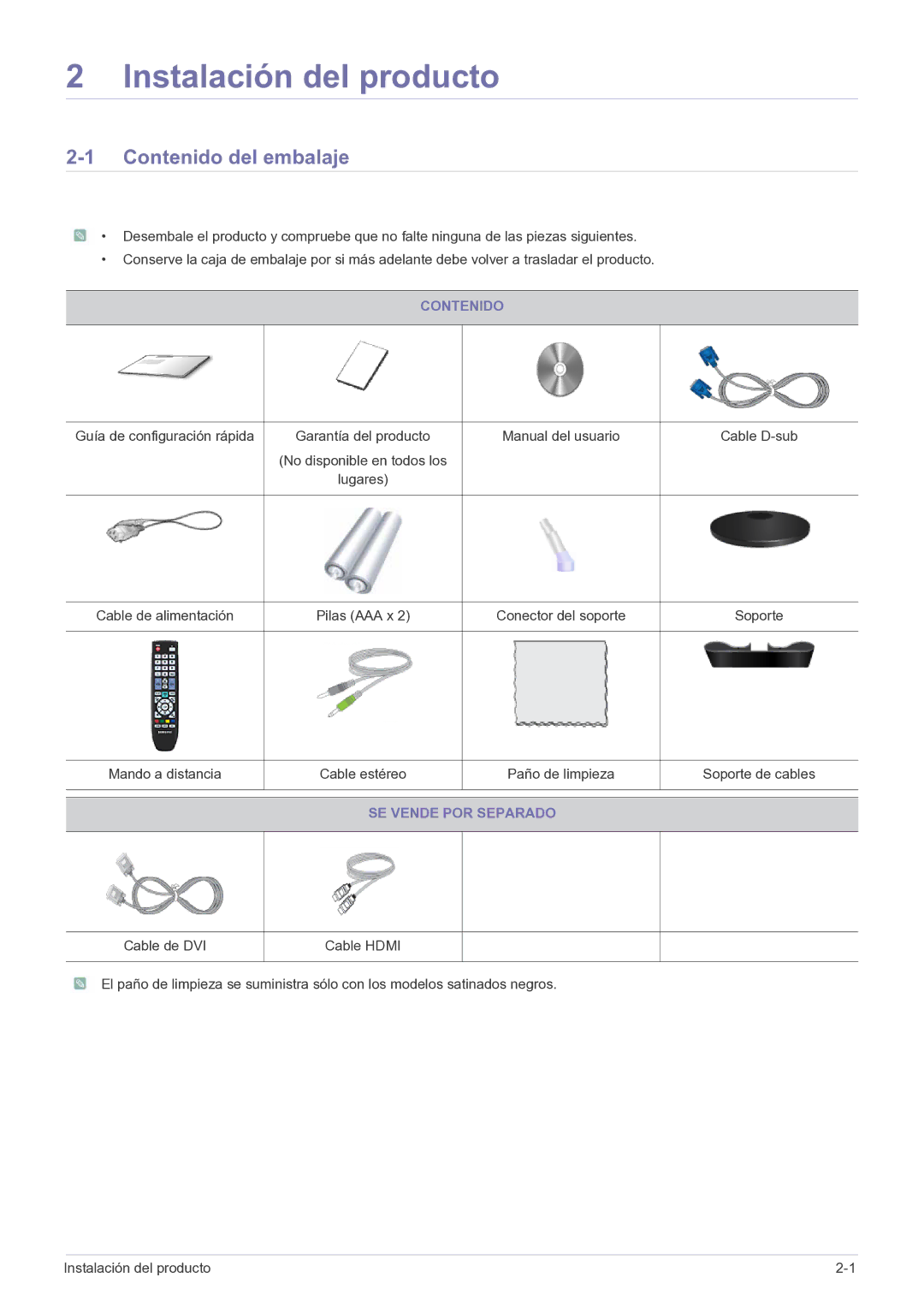 Samsung LS27EMDKU/EN, LS24EMDKU/EN manual Contenido del embalaje, Pilas AAA x, SE Vende POR Separado 