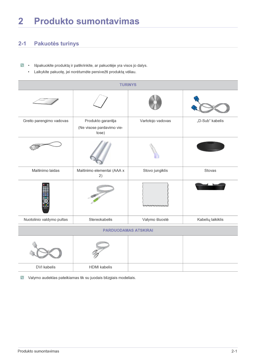 Samsung LS27EMDKU/EN, LS24EMDKU/EN manual Pakuotės turinys, Turinys, Maitinimo elementai AAA, Parduodamas Atskirai 