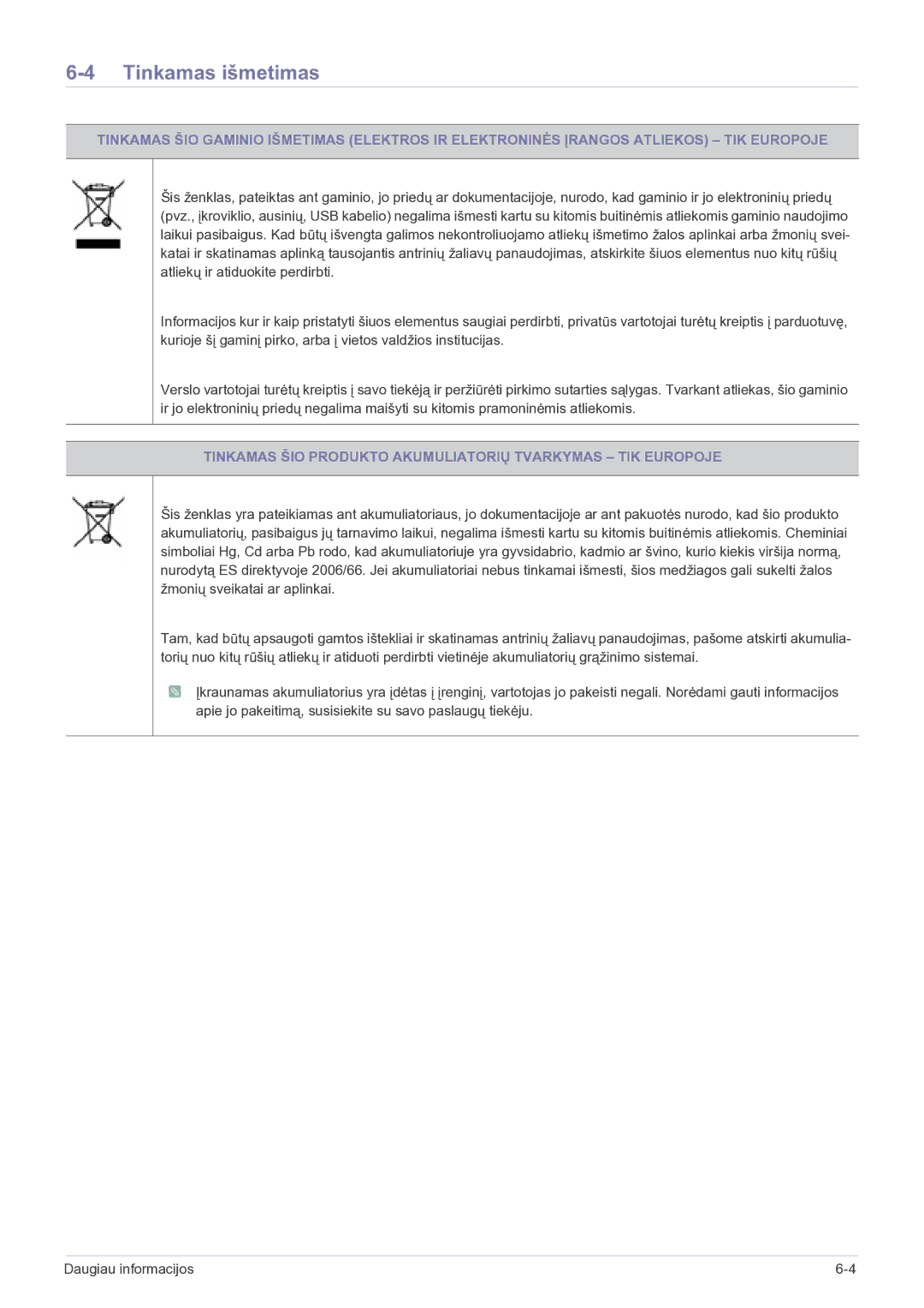 Samsung LS27EMDKU/EN, LS24EMDKU/EN manual Tinkamas išmetimas, Tinkamas ŠIO Produkto Akumuliatorių Tvarkymas TIK Europoje 