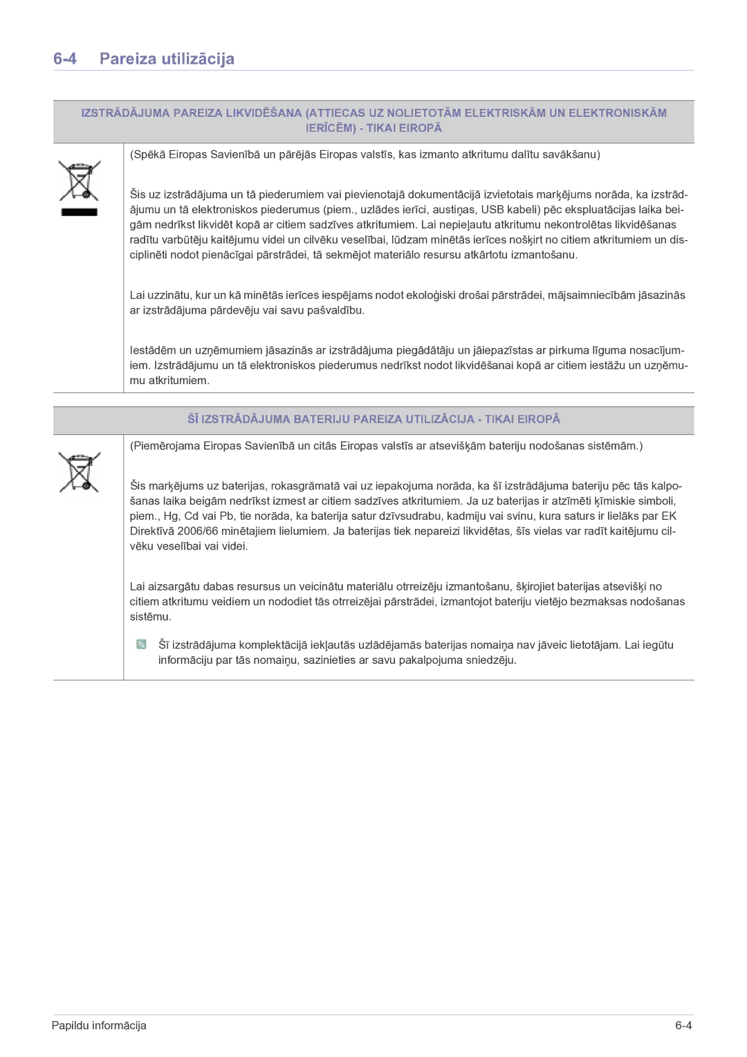 Samsung LS27EMDKU/EN, LS24EMDKU/EN manual Pareiza utilizācija, ŠĪ Izstrādājuma Bateriju Pareiza Utilizācija Tikai Eiropā 