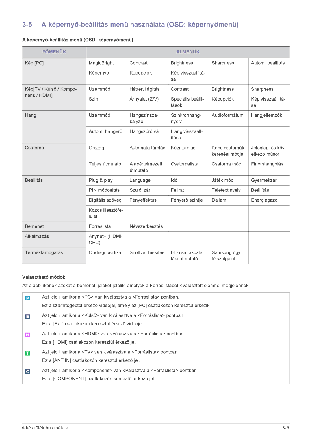 Samsung LS24EMLKU/EN manual A képernyő-beállítás menü használata OSD képernyőmenü, Képernyő-beállítás menü OSD képernyőmenü 