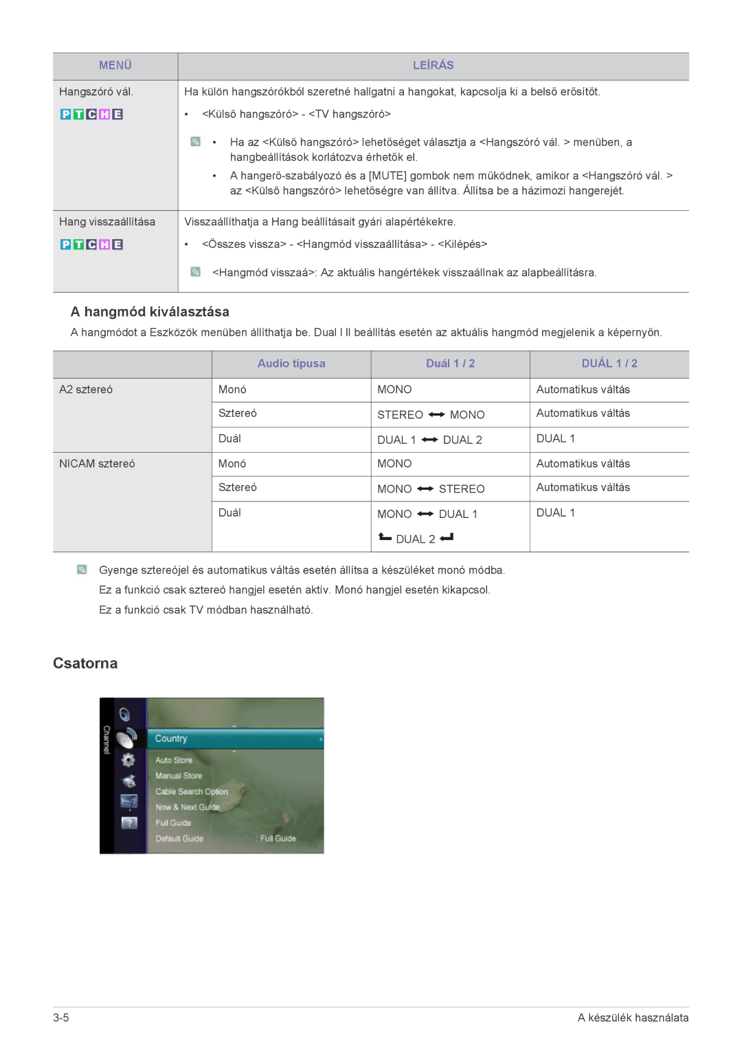 Samsung LS24EMLKF/EN, LS24EMLKU/EN manual Csatorna, Hangmód kiválasztása 