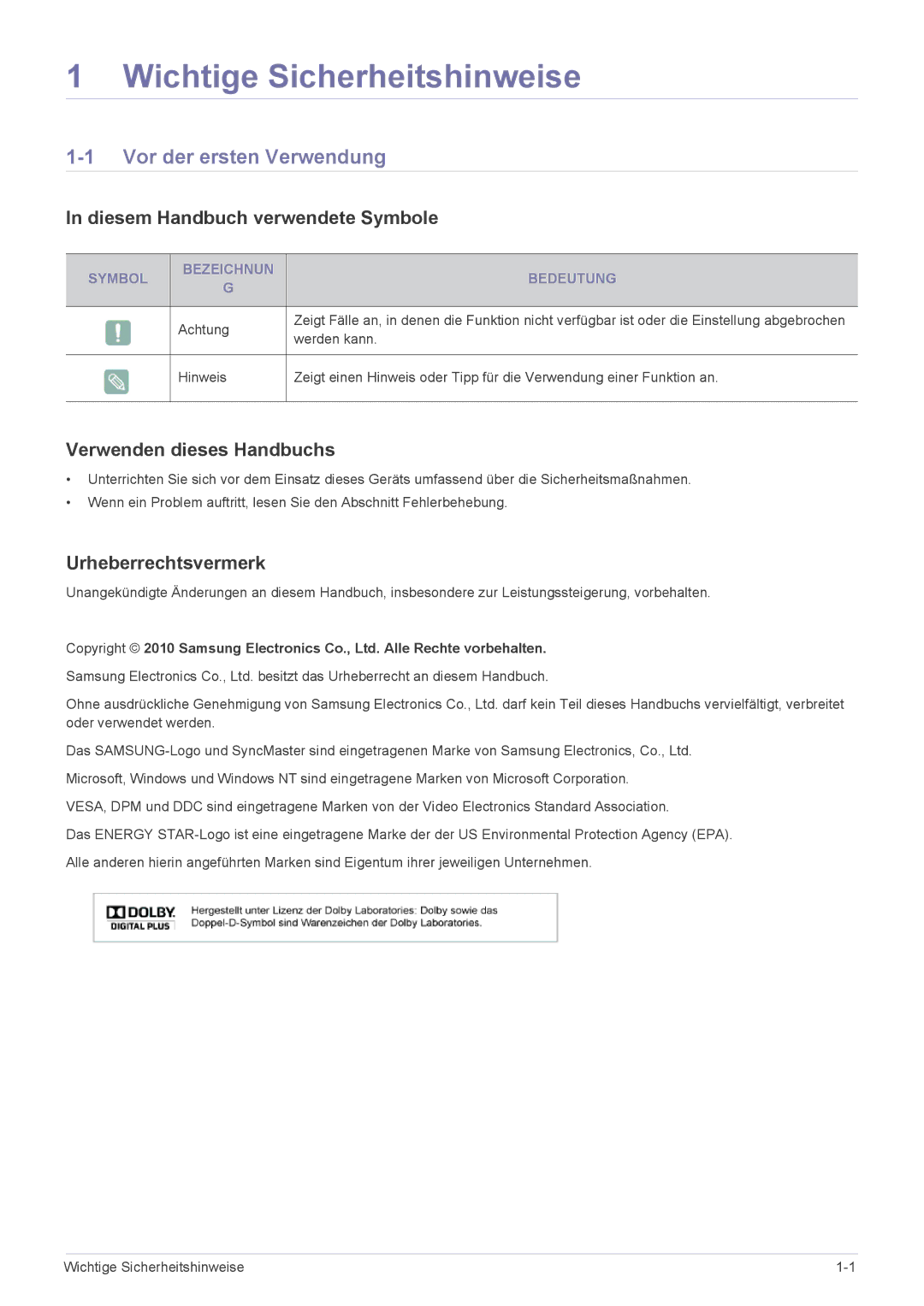 Samsung LS24EMLKF/EN manual Vor der ersten Verwendung, Diesem Handbuch verwendete Symbole, Verwenden dieses Handbuchs 