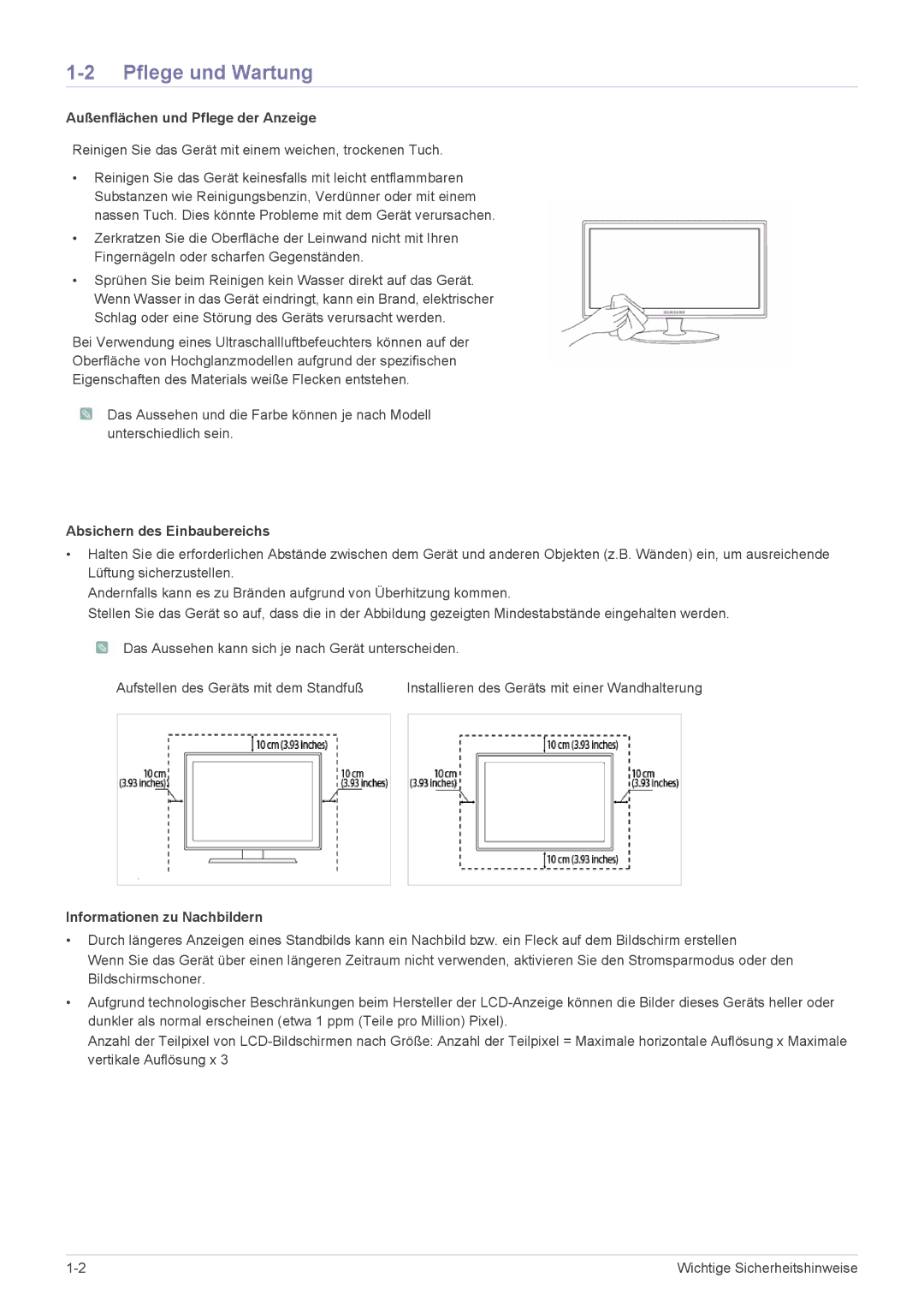 Samsung LS24EMLKF/EN manual Pflege und Wartung, Außenflächen und Pflege der Anzeige, Absichern des Einbaubereichs 