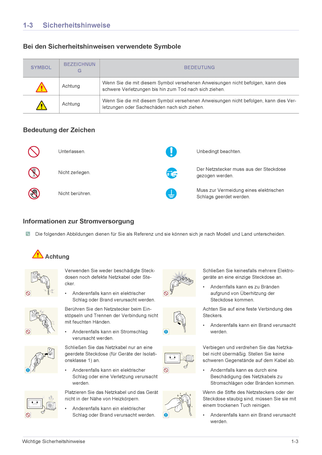 Samsung LS24EMLKF/EN manual Bei den Sicherheitshinweisen verwendete Symbole, Bedeutung der Zeichen 