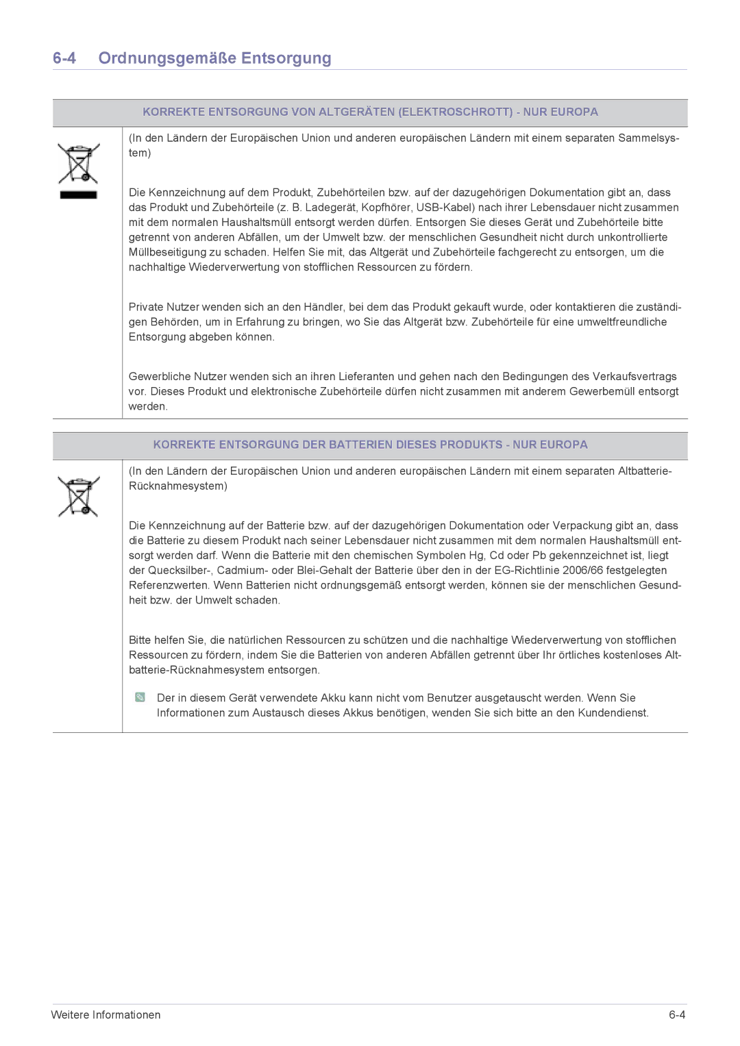 Samsung LS24EMLKF/EN manual Ordnungsgemäße Entsorgung, Korrekte Entsorgung VON Altgeräten Elektroschrott NUR Europa 