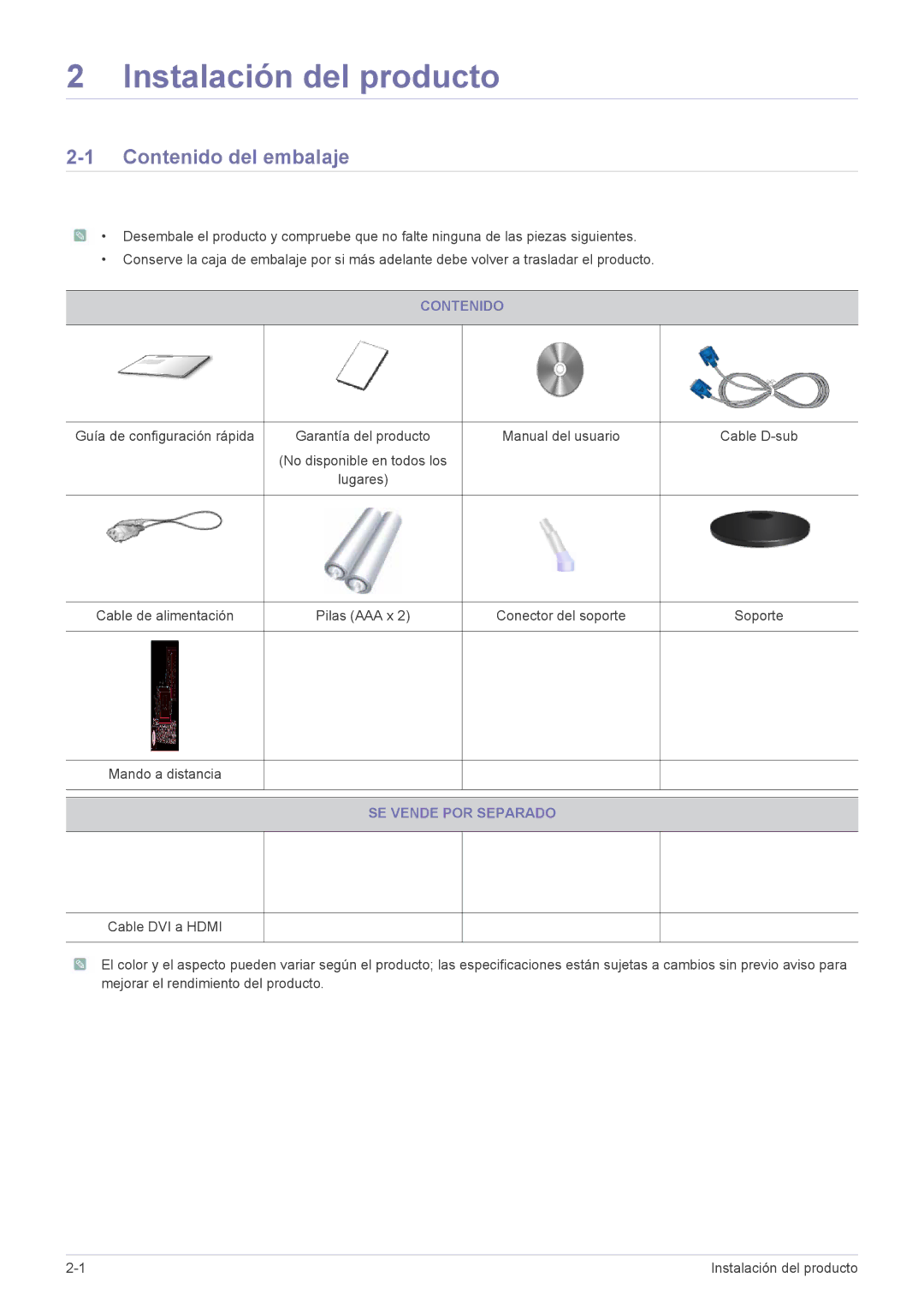 Samsung LS24EMLKF/EN manual Contenido del embalaje, Pilas AAA x, SE Vende POR Separado 