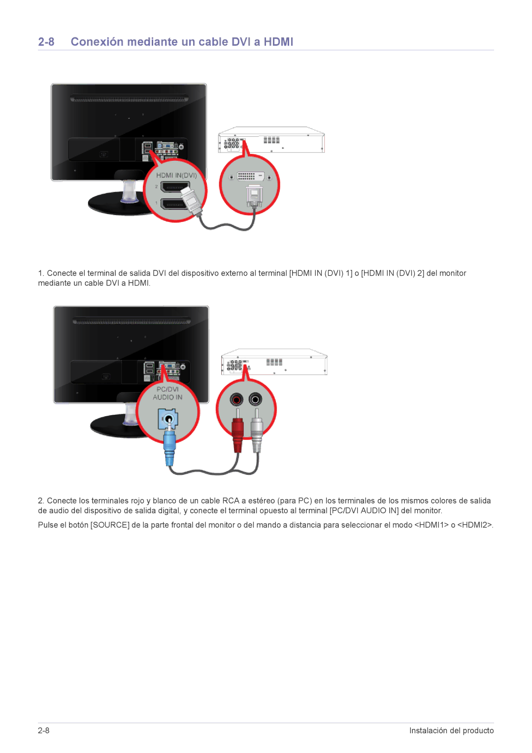 Samsung LS24EMLKF/EN manual Conexión mediante un cable DVI a Hdmi 