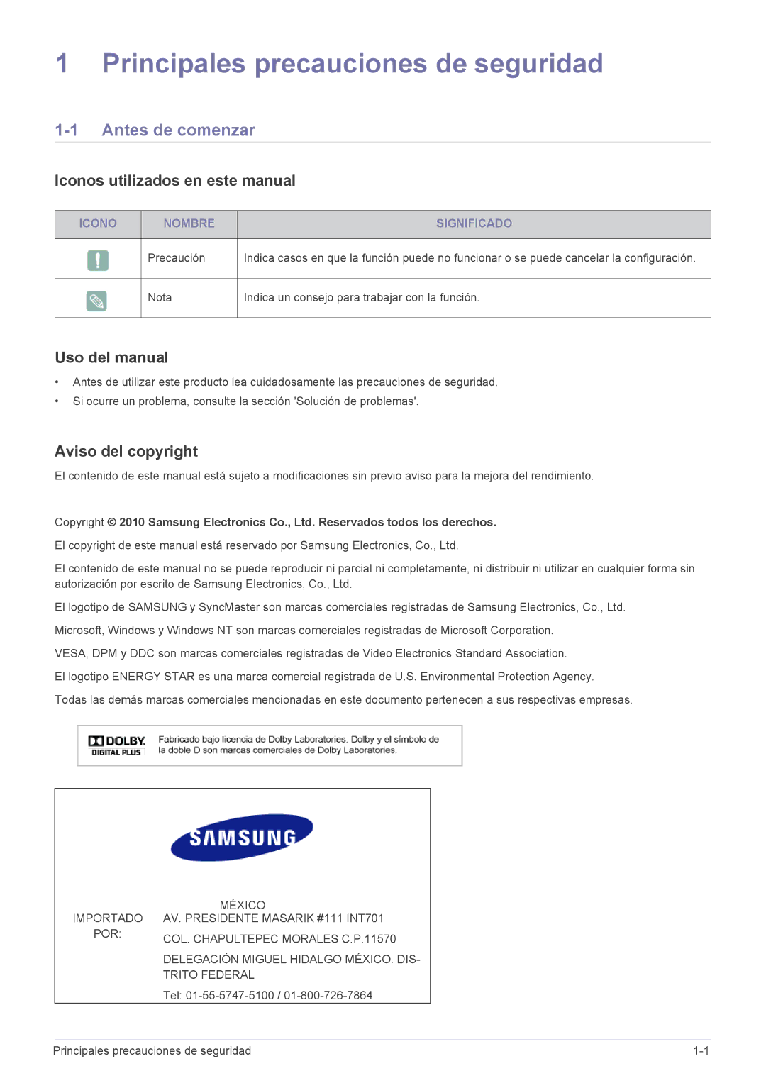 Samsung LS24EMLKF/EN Antes de comenzar, Iconos utilizados en este manual, Uso del manual, Aviso del copyright 