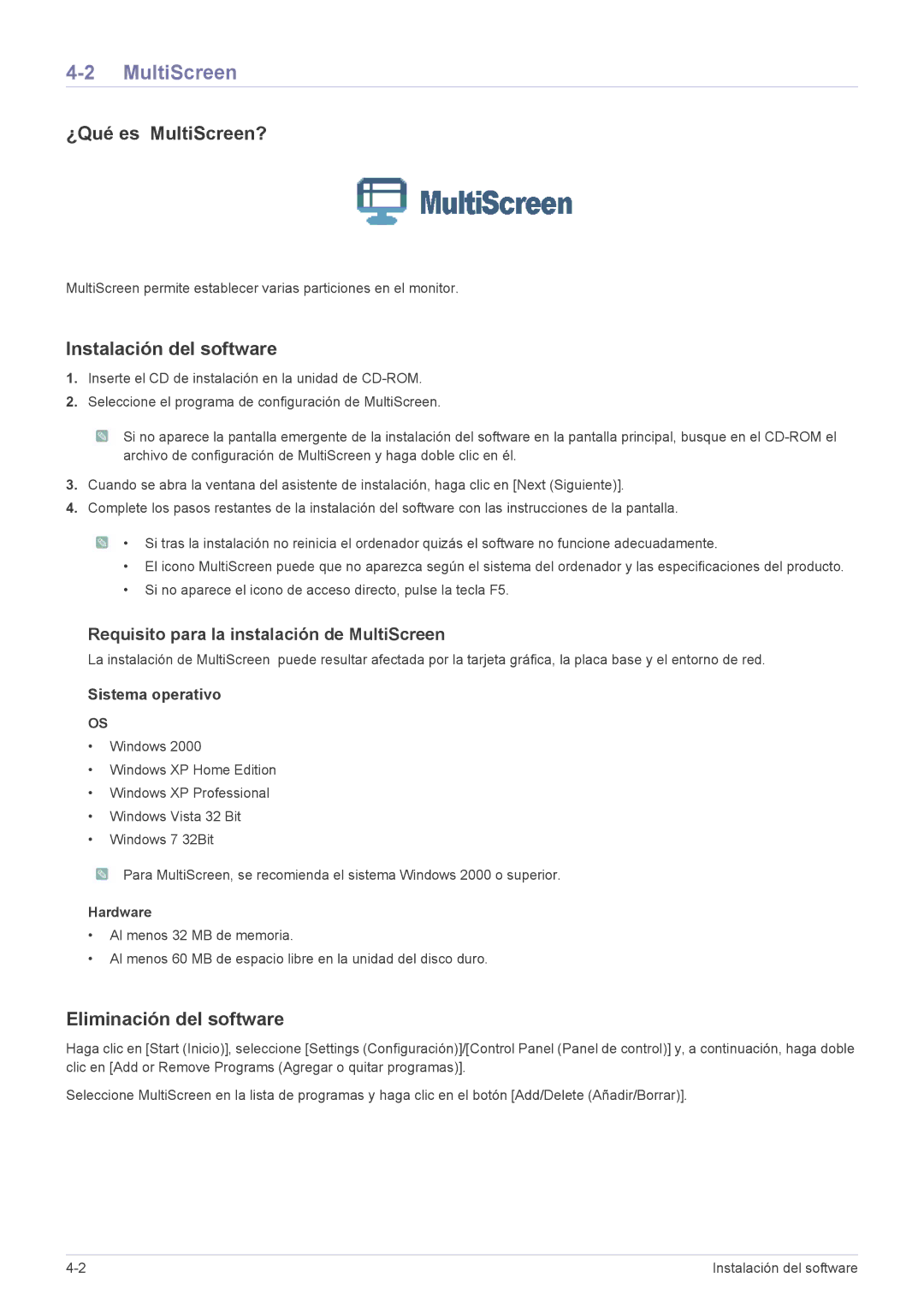 Samsung LS24EMLKF/EN manual ¿Qué es MultiScreen?, Instalación del software, Eliminación del software, Hardware 