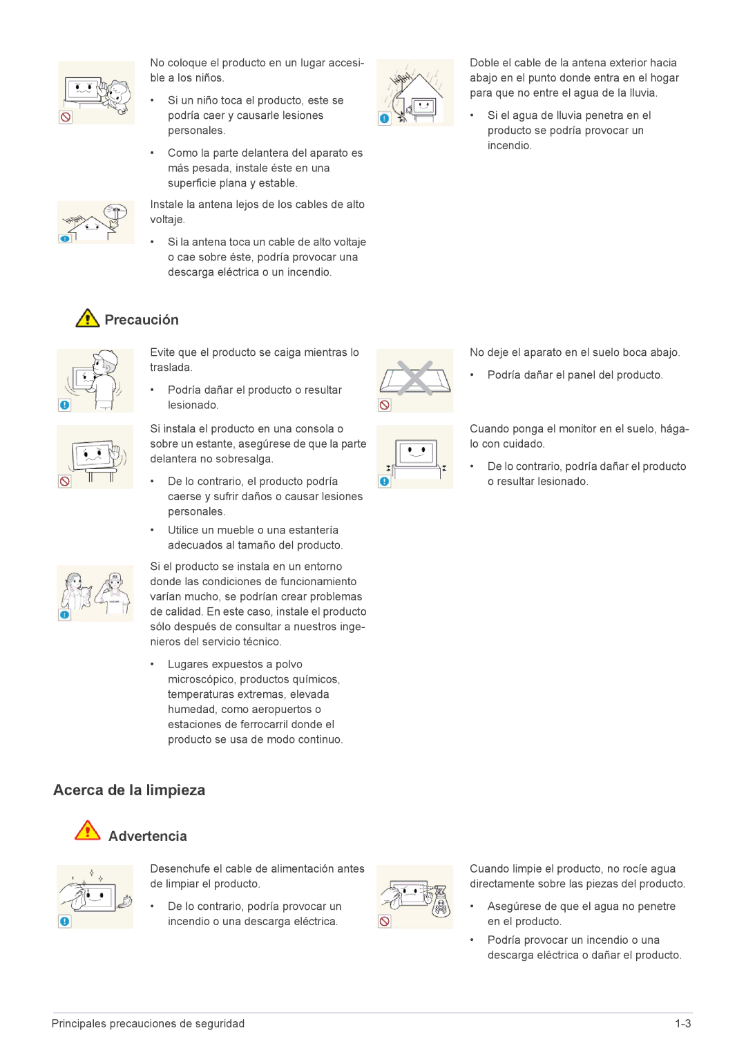 Samsung LS24EMLKF/EN manual Acerca de la limpieza, Asegúrese de que el agua no penetre en el producto 