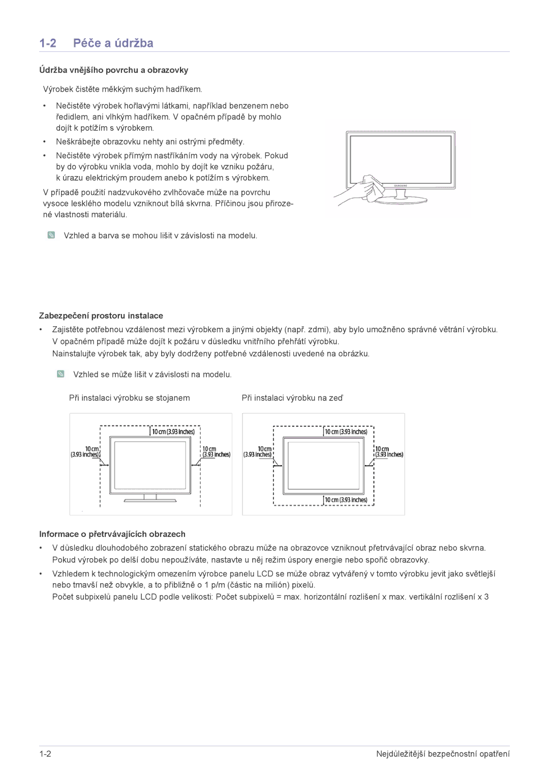 Samsung LS24EMLKF/EN manual Péče a údržba, Údržba vnějšího povrchu a obrazovky, Zabezpečení prostoru instalace 