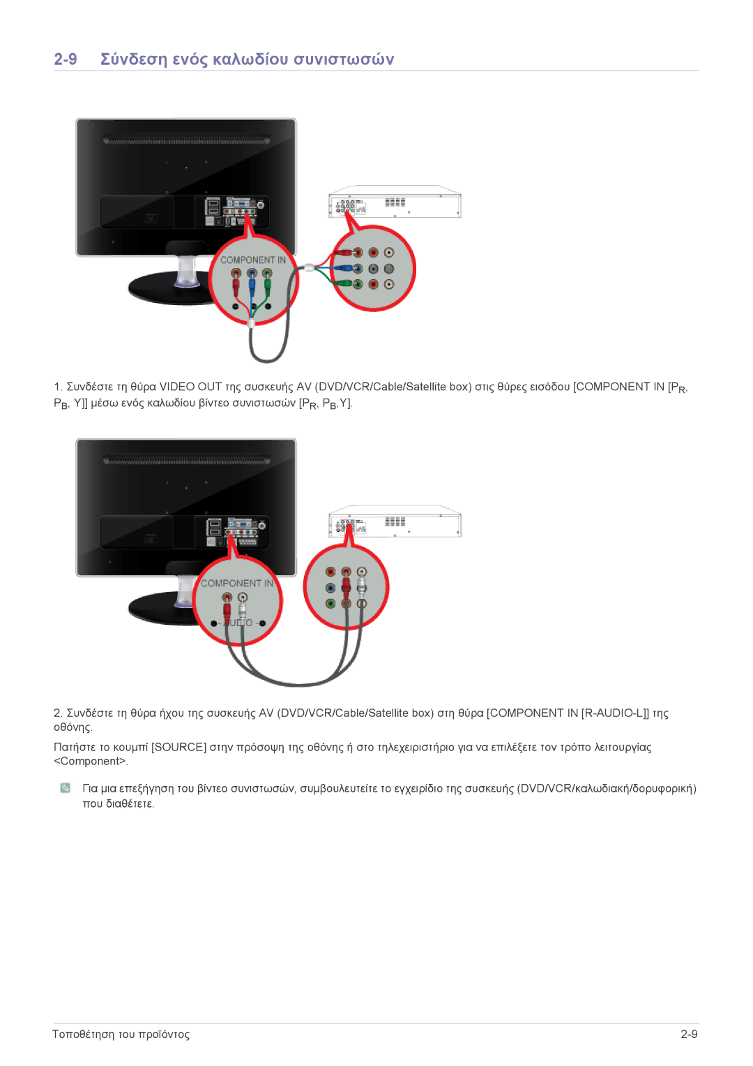 Samsung LS24EMLKF/EN manual Σύνδεση ενός καλωδίου συνιστωσών 