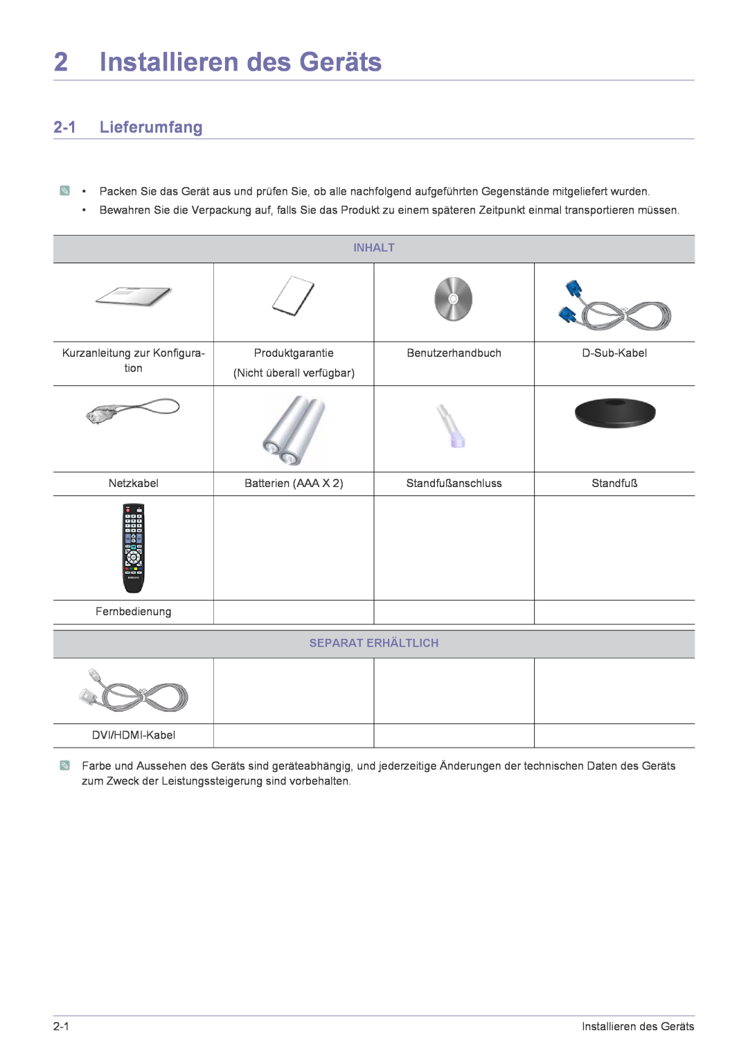 Samsung LS24EMLKF/EN manual Installieren des Geräts, Lieferumfang, Inhalt, Separat Erhältlich 