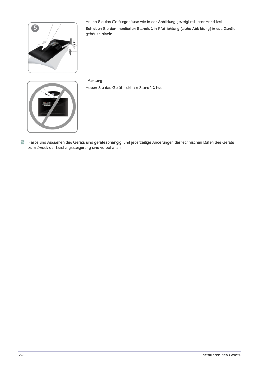 Samsung LS24EMLKF/EN manual Achtung Heben Sie das Gerät nicht am Standfuß hoch 