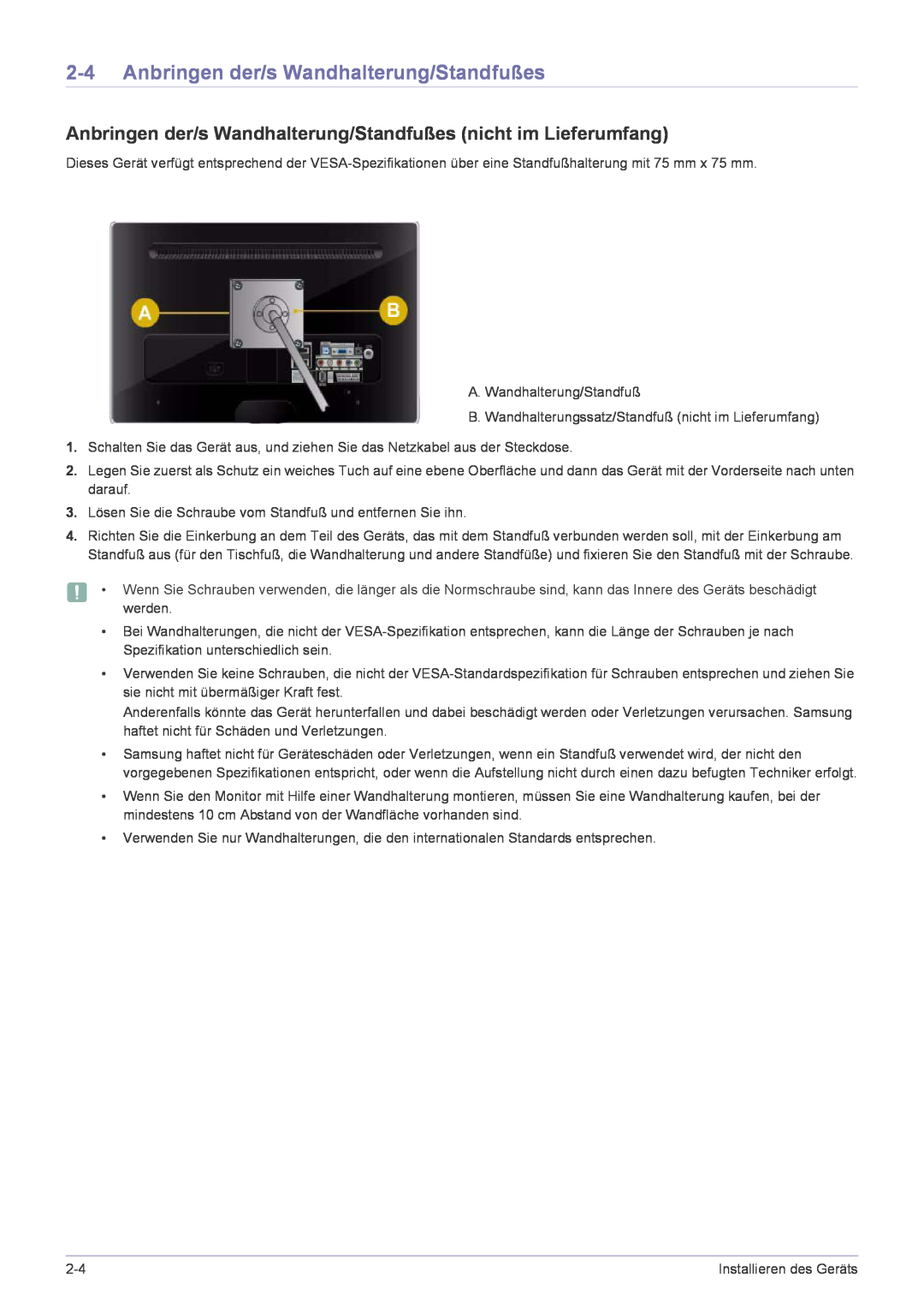 Samsung LS24EMLKF/EN manual Anbringen der/s Wandhalterung/Standfußes 