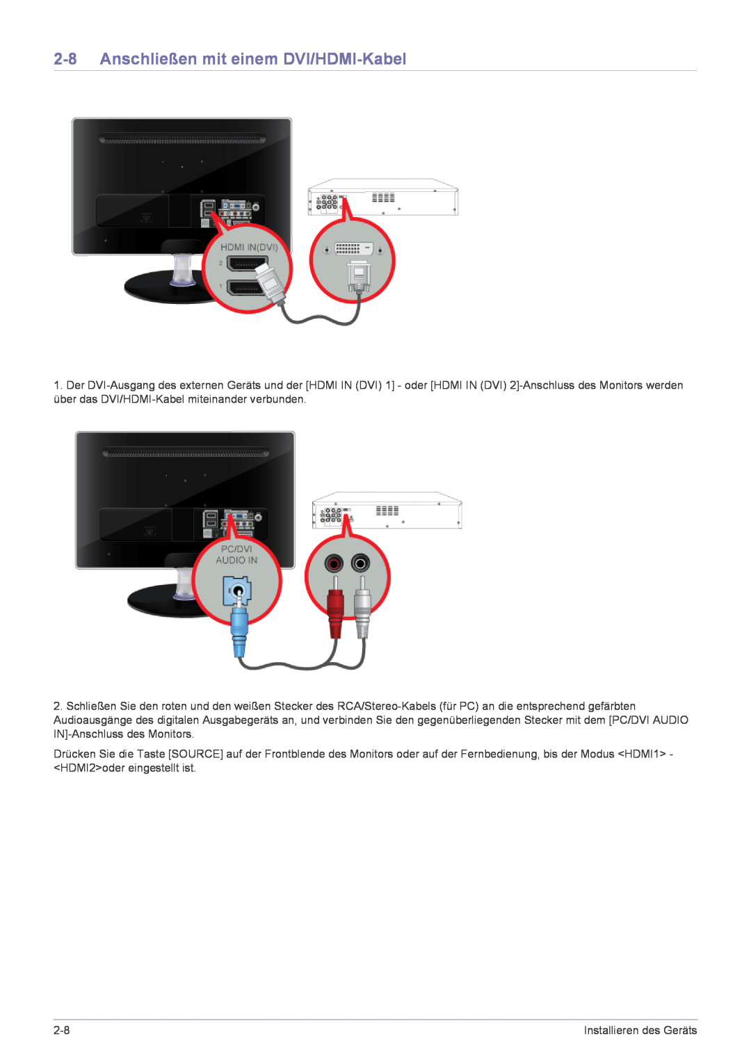 Samsung LS24EMLKF/EN manual Anschließen mit einem DVI/HDMI-Kabel, Installieren des Geräts 