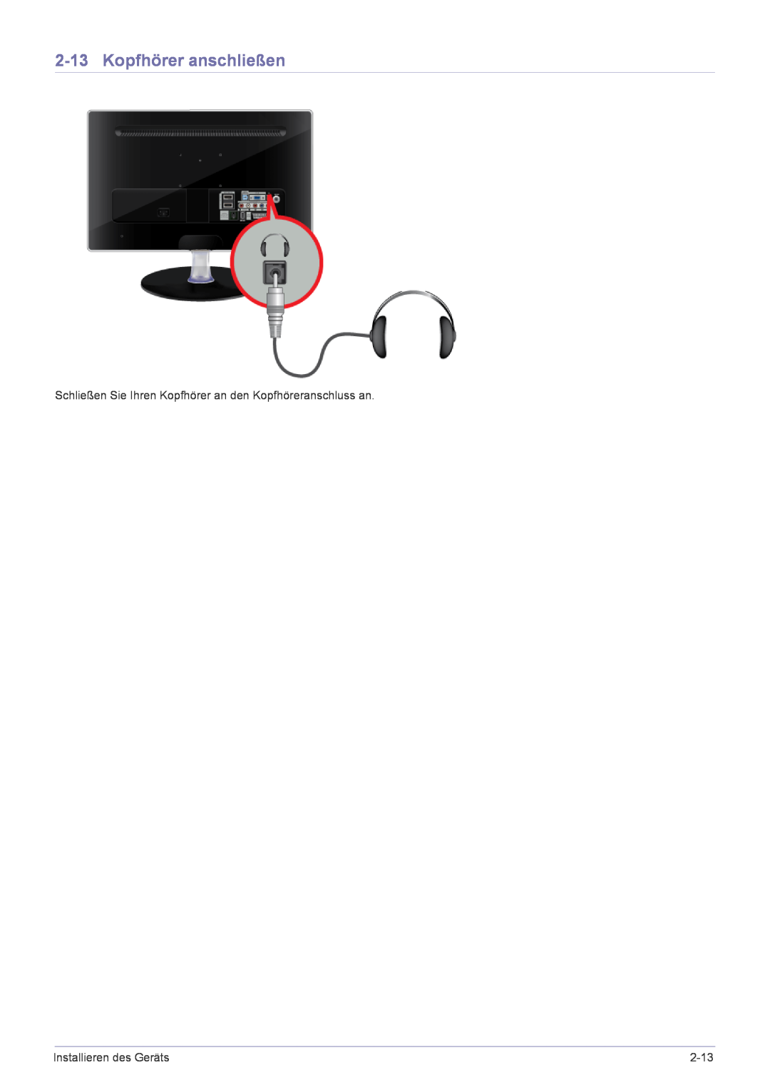 Samsung LS24EMLKF/EN manual Kopfhörer anschließen, Schließen Sie Ihren Kopfhörer an den Kopfhöreranschluss an, 2-13 