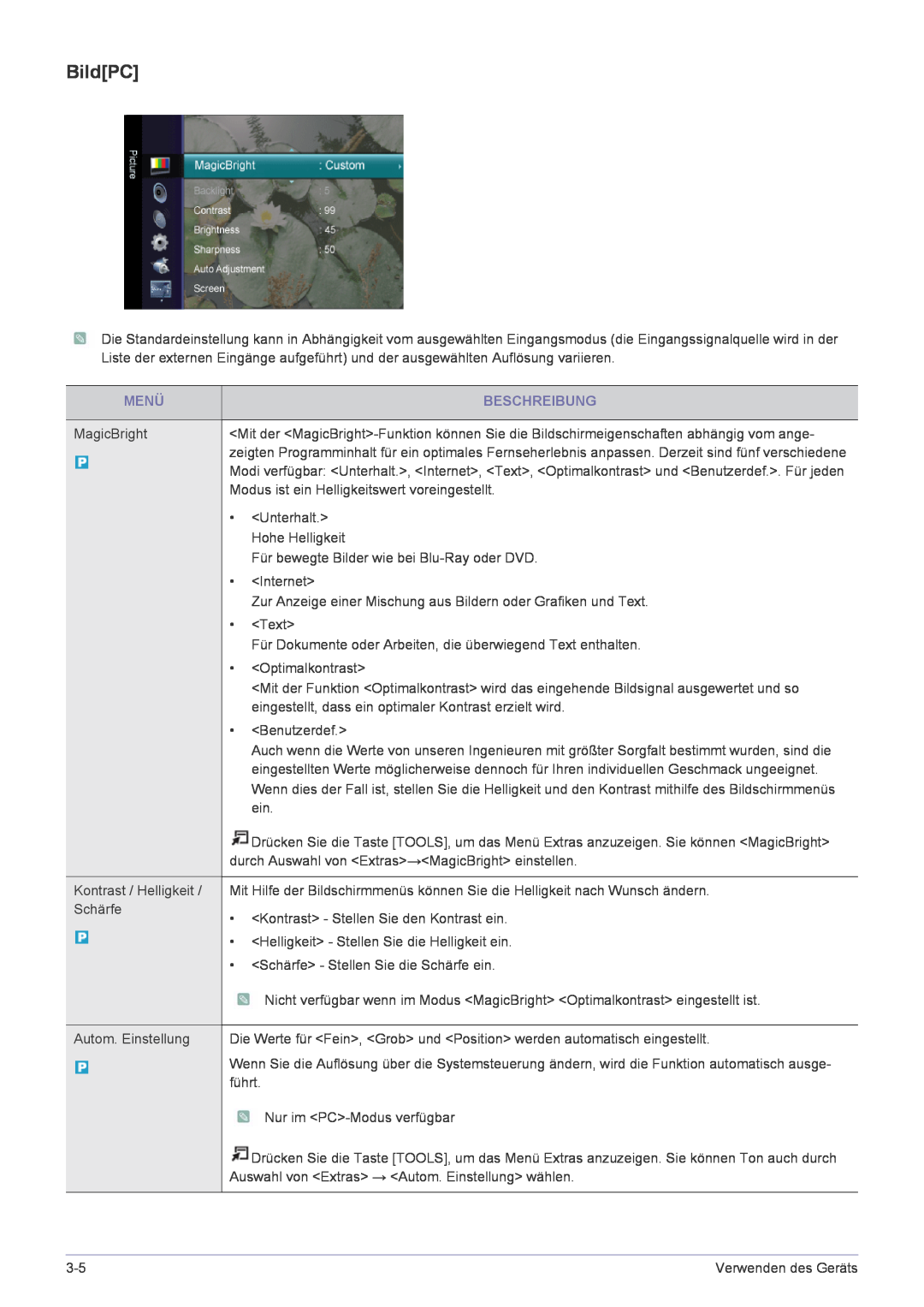 Samsung LS24EMLKF/EN manual BildPC, Menü, Beschreibung 