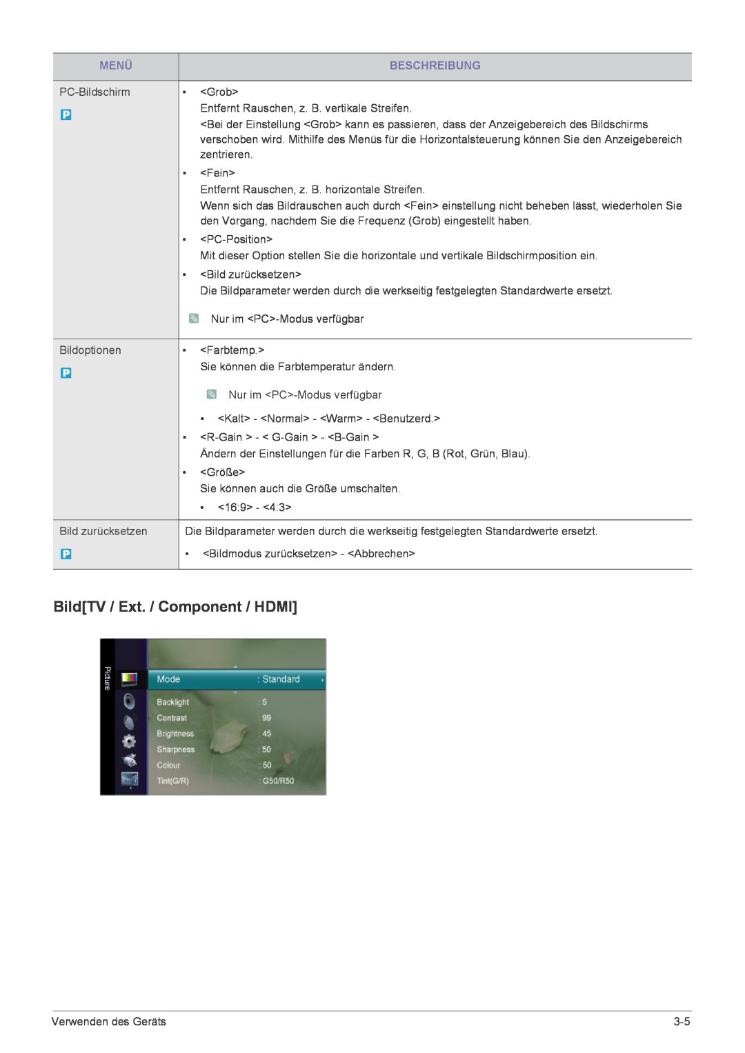 Samsung LS24EMLKF/EN manual BildTV / Ext. / Component / HDMI, Menü, Beschreibung 