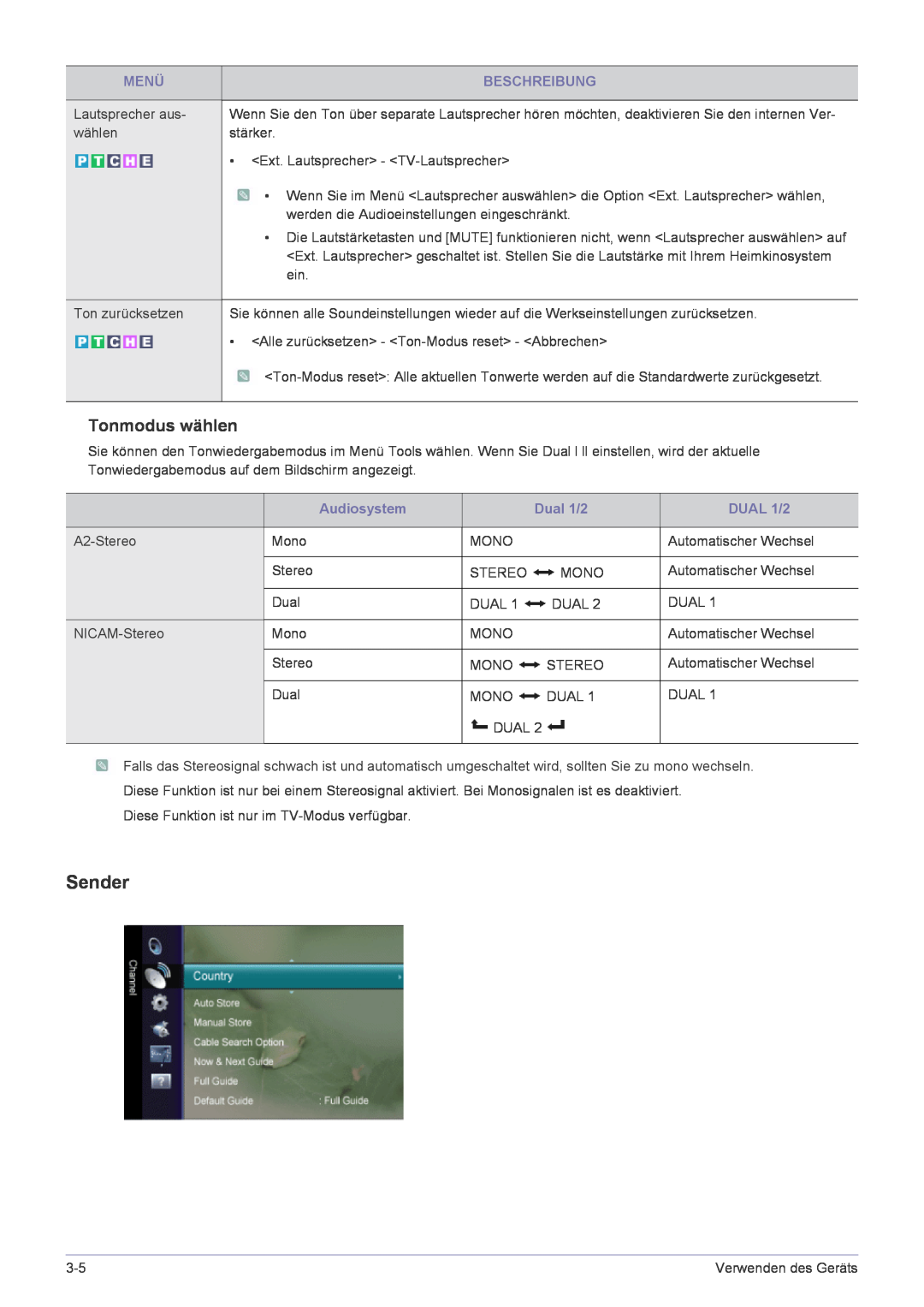 Samsung LS24EMLKF/EN manual Sender, Tonmodus wählen, Audiosystem, Dual 1/2, DUAL 1/2, Menü, Beschreibung 
